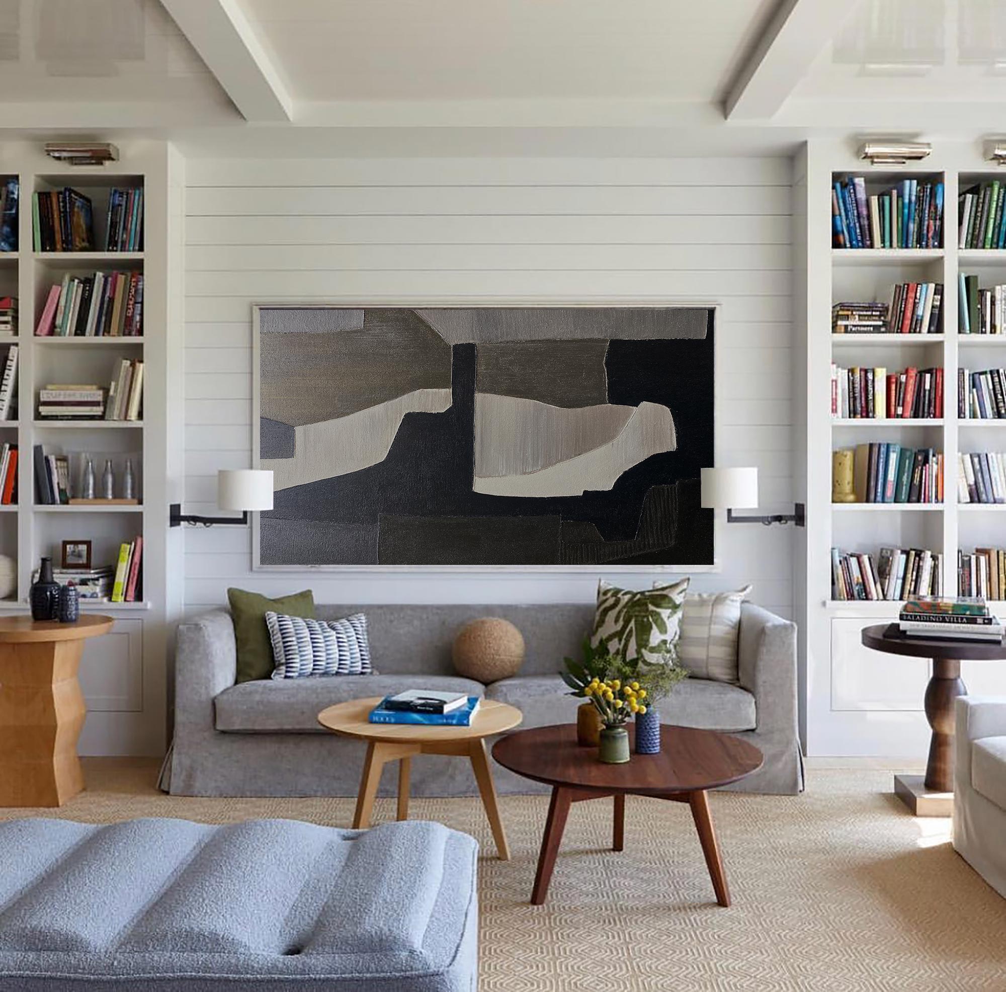 Contemporary Minimalist Black Beige Grey Abstract Geometric Painting