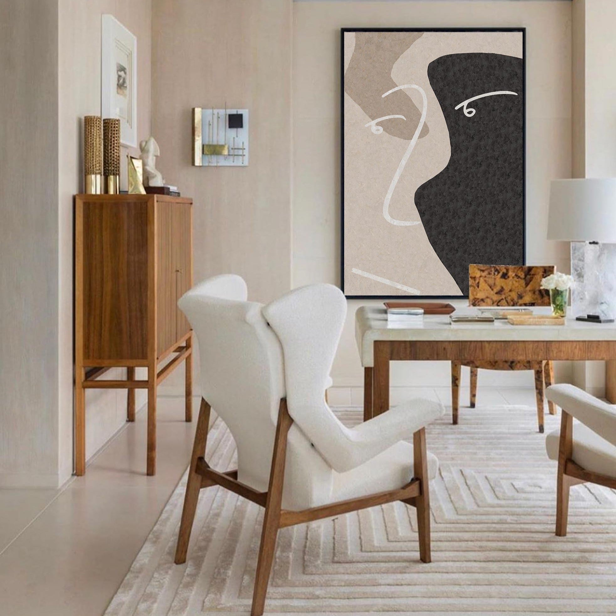 Abstract Black Beige Face Silhouette Minimalist Painting