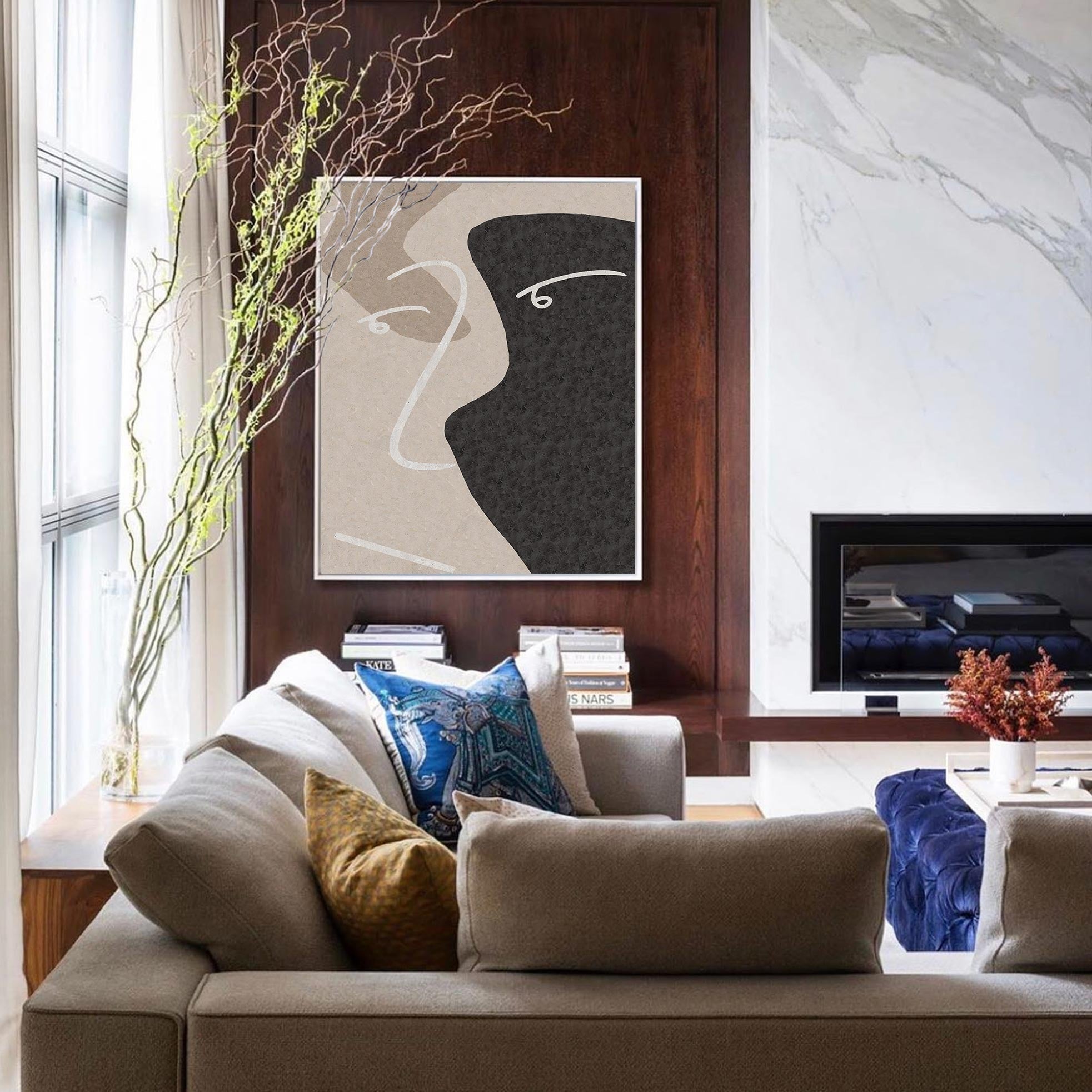 Abstract Black Beige Face Silhouette Minimalist Painting