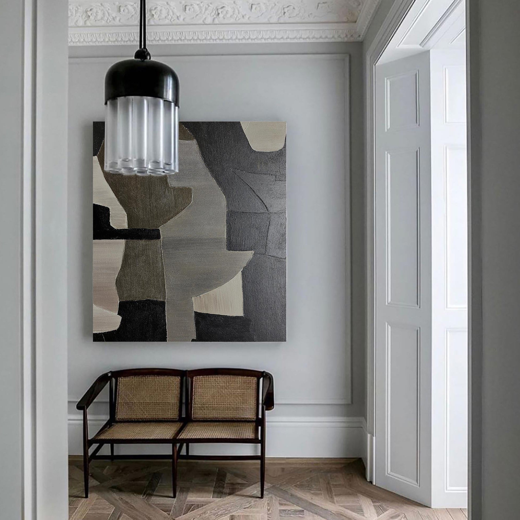 Contemporary Abstract Black Grey Beige Geometric Minimalist Painting