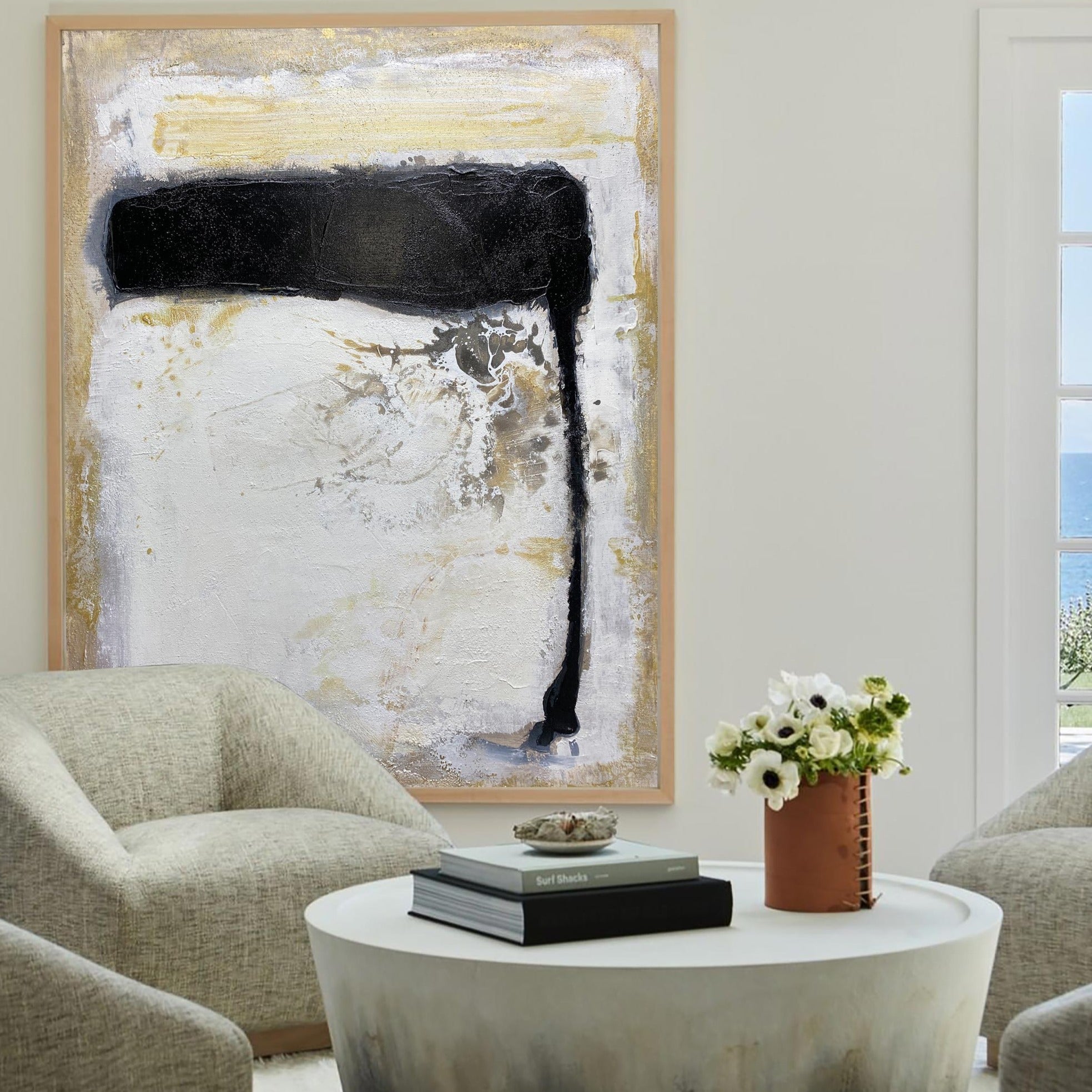Abstract Black White Beige Textured Brush Stroke Painting