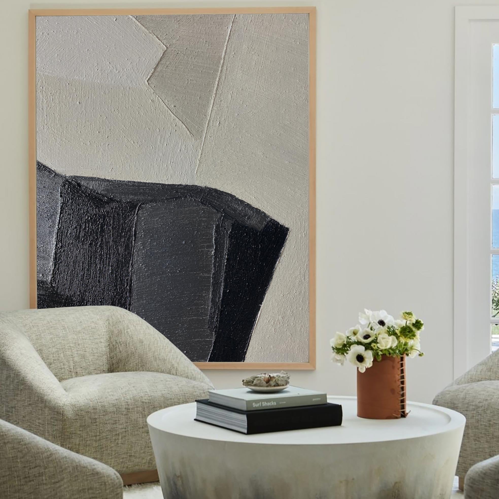 Abstract Black Beige Textured Geometric Minimalist Painting