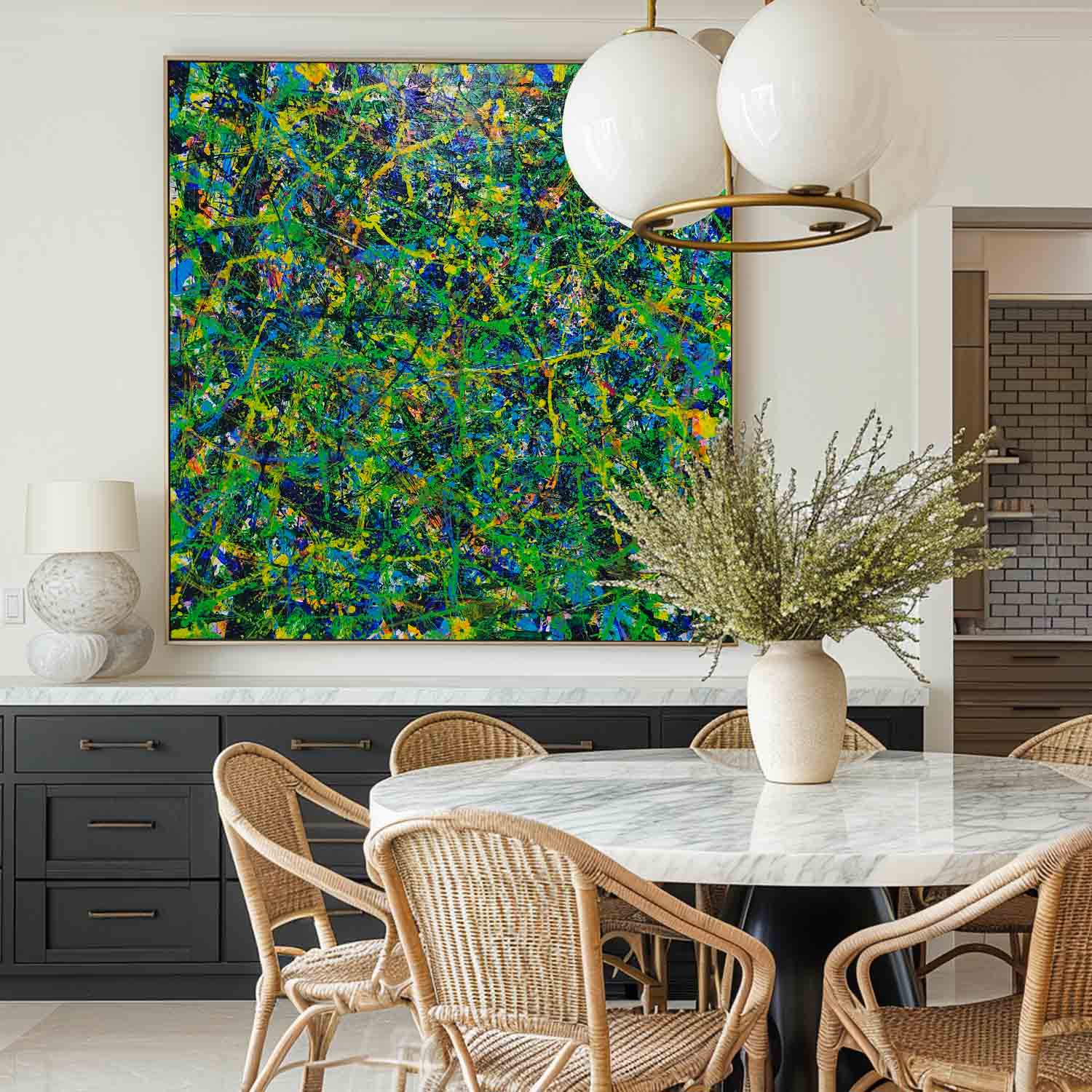 Green Chaos Paint Splatter Abstract Canvas Art