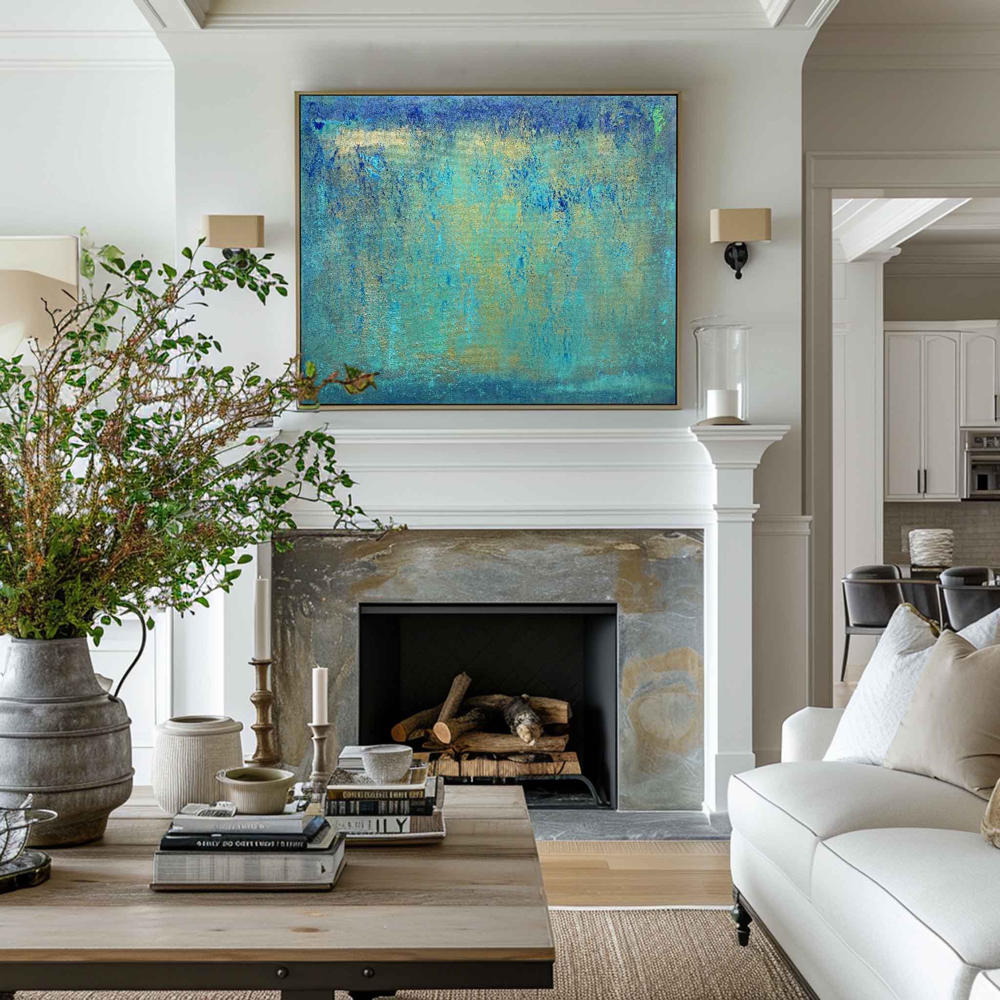 Turquoise Horizon Textured Abstract Unstretched Linen Canvas Wall Art