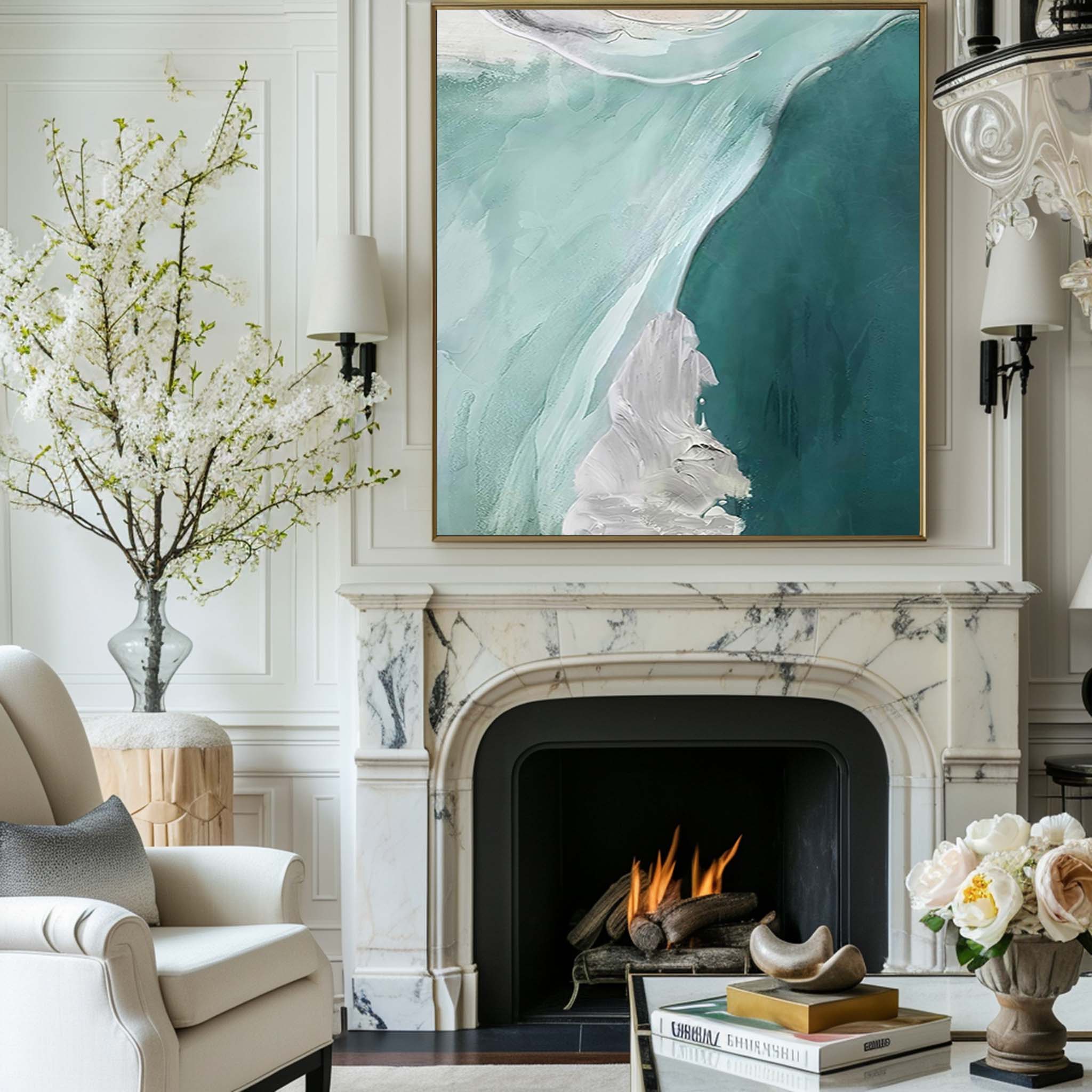 Abstract Teal White Fluid Coastal Waves Oil Acrylic Linen Canvas Painting