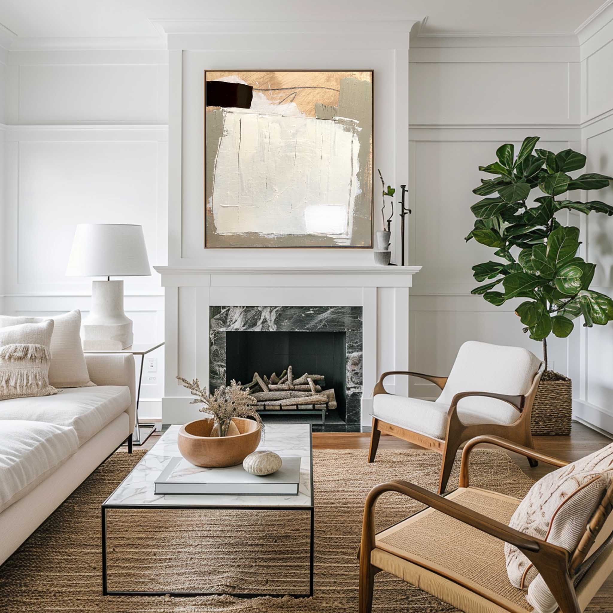 White‑Gold‑Grey Square Layer‑Collage Impasto‑Textured Artwork