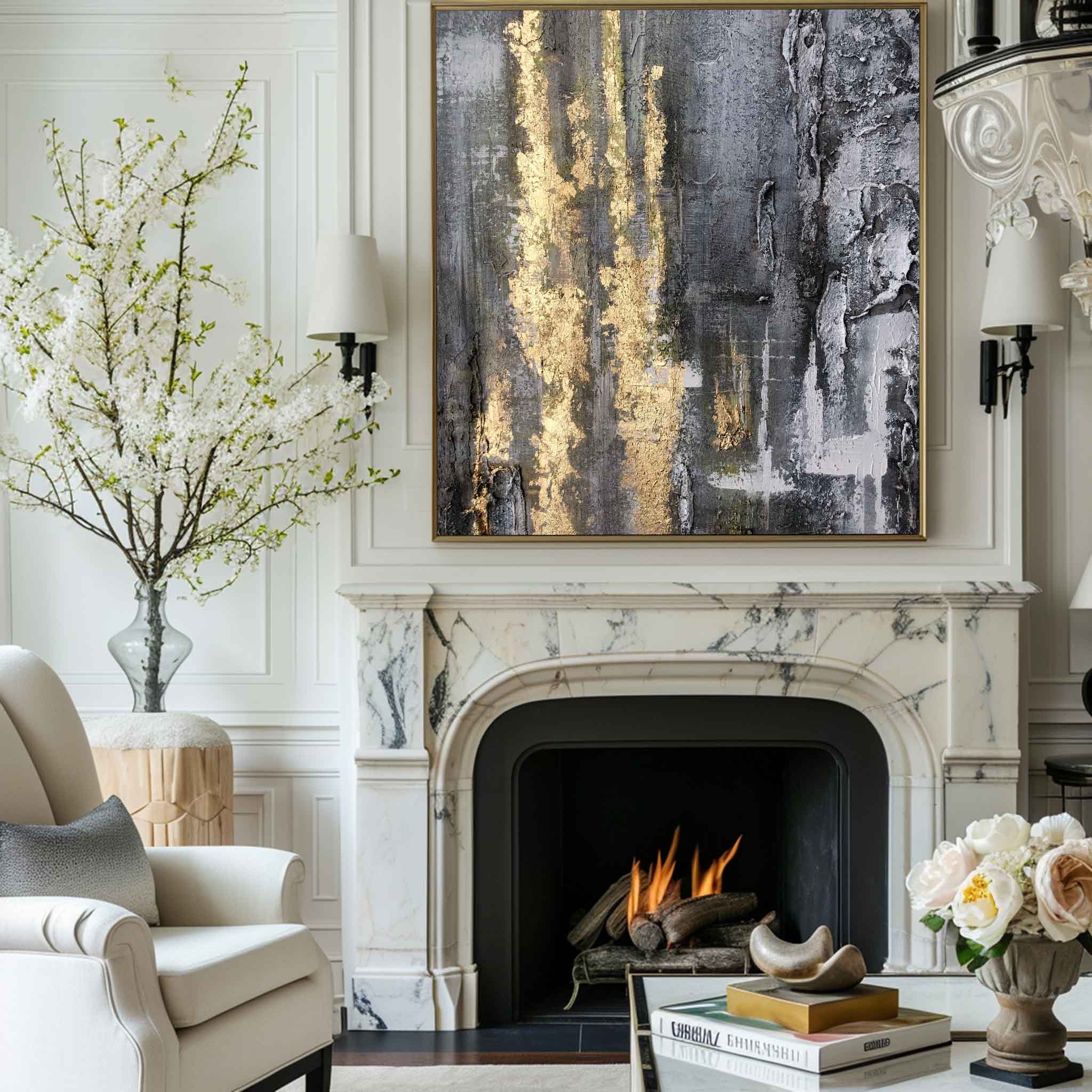 Black‑Grey Vertical Gold‑Foil Impasto Textured Abstract Artwork