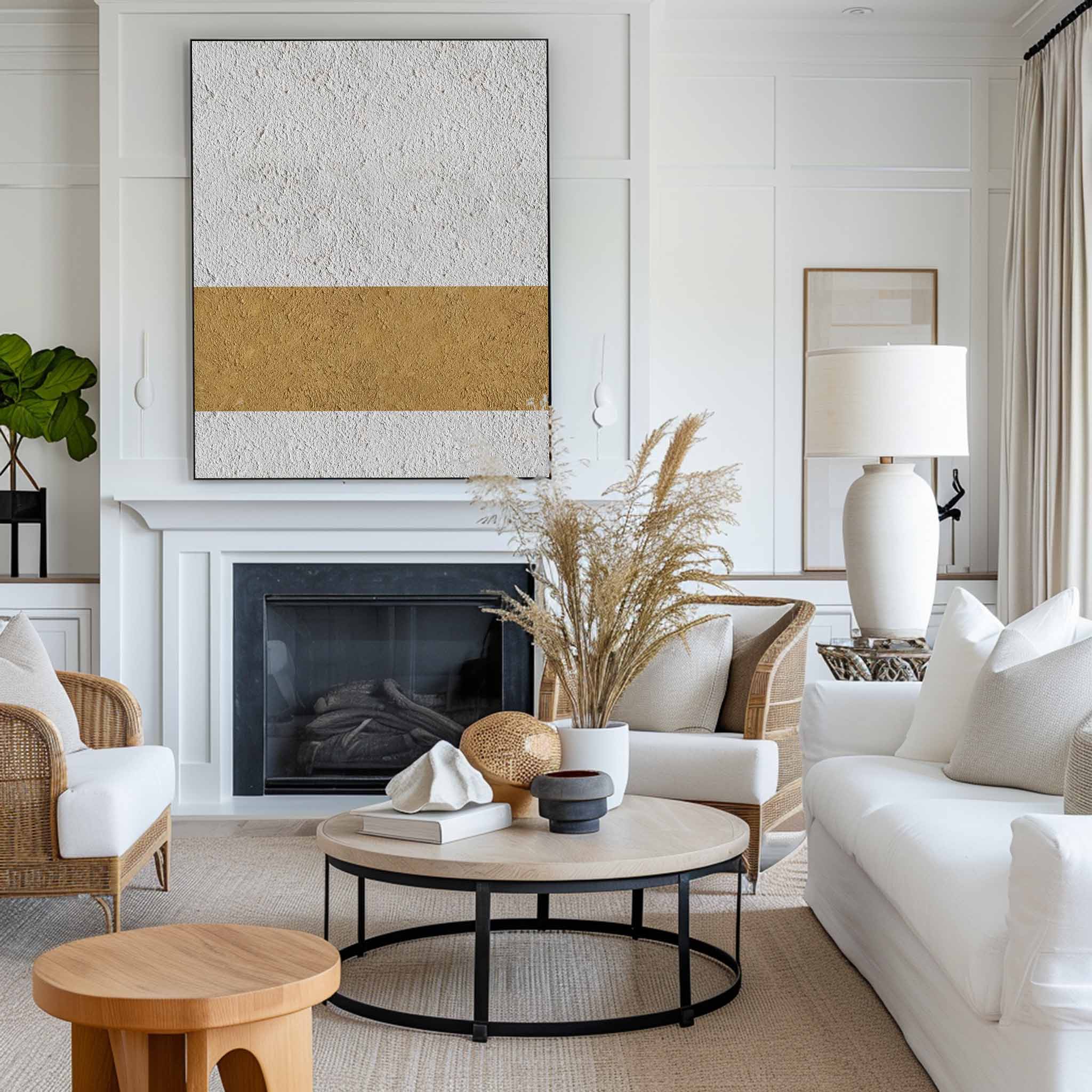 Off‑White‑Gold Horizontal Abstract Centered‑Stripe Coarse‑Textured Artwork
