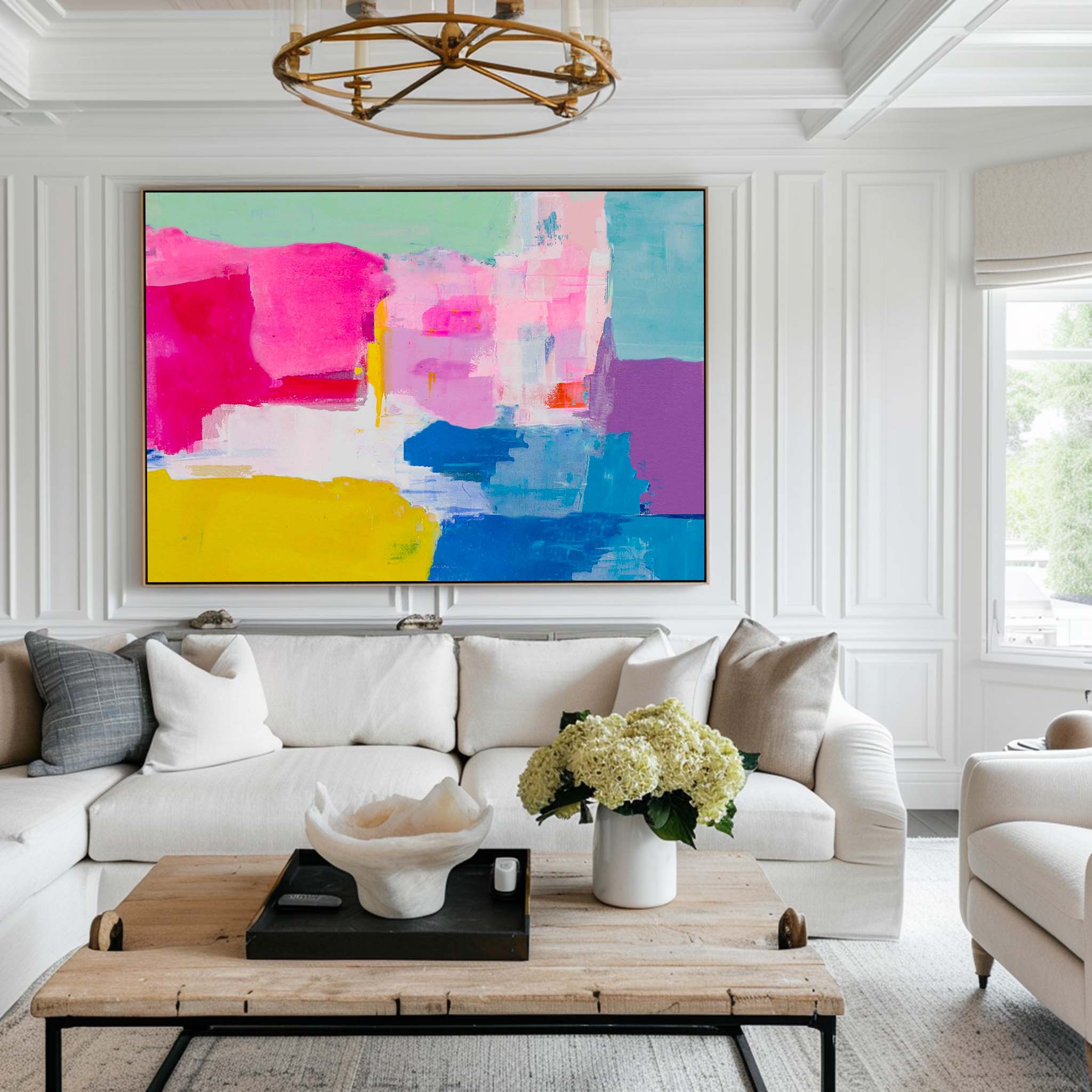 Hot‑Pink‑Yellow‑Purple‑Teal Horizontal Vibrant Geometric Abstract Textured Artwork