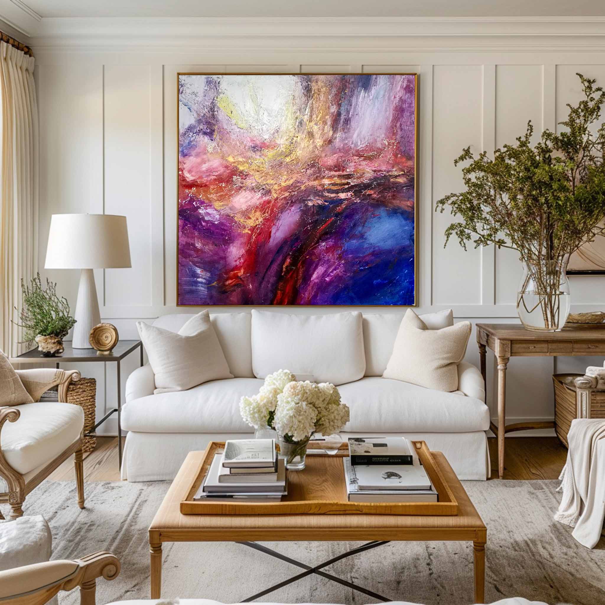 Purple‑Pink‑Gold Square Abstract Swirling Thick Impasto‑Texture Artwork