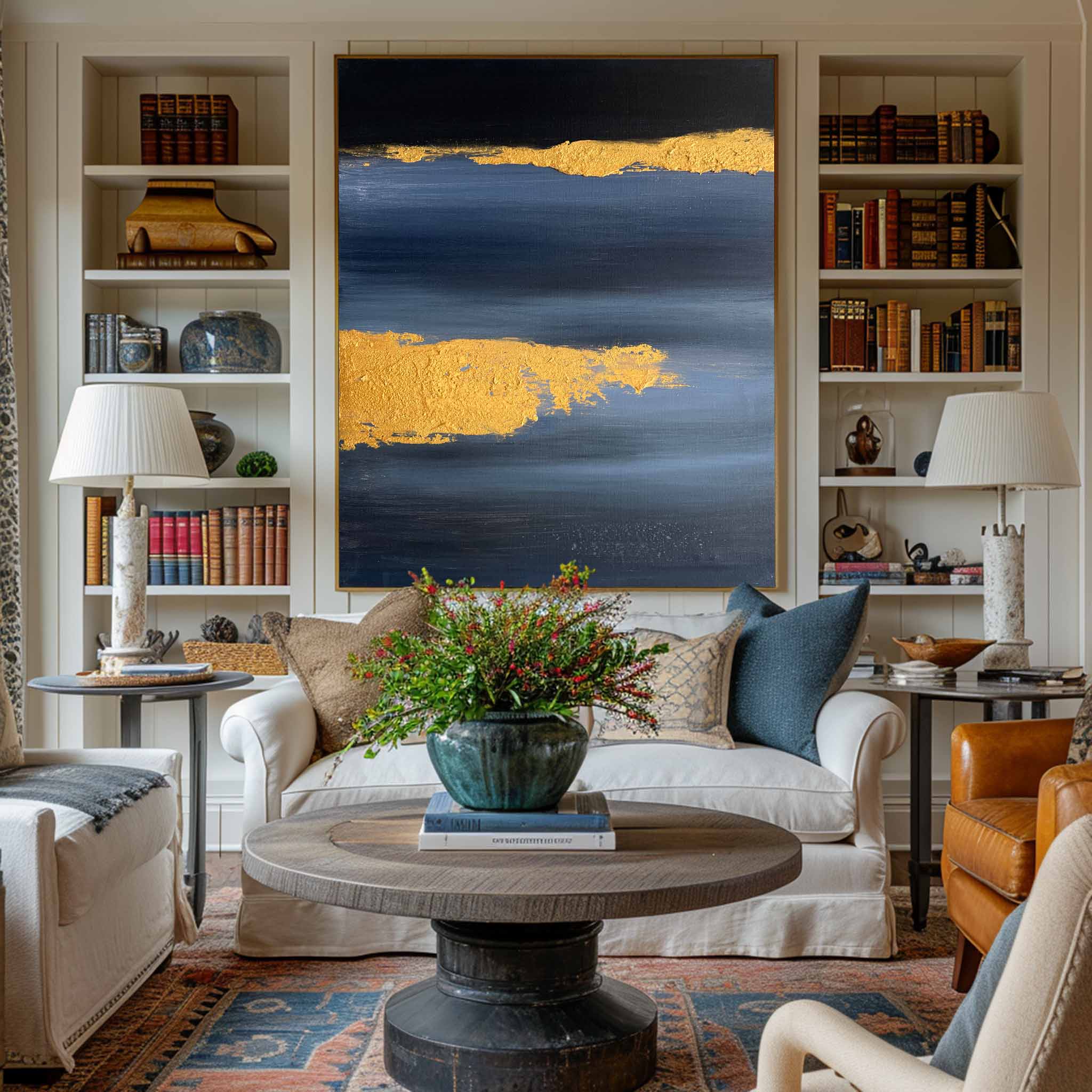 Metallic Gold Foil Deep Blue Abstract Linen Canvas Wall Hanging