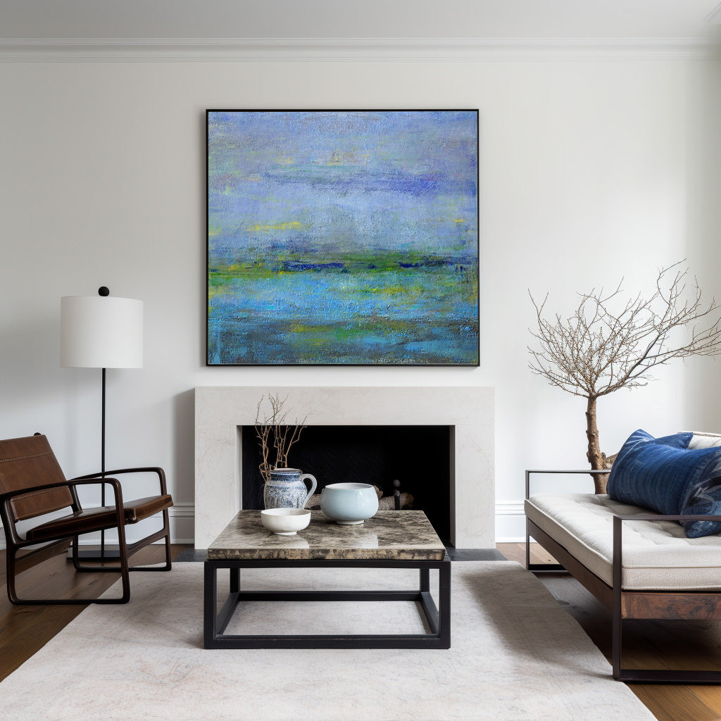 Blue‑Green‑Lavender Square Abstract Landscape Textured Artwork