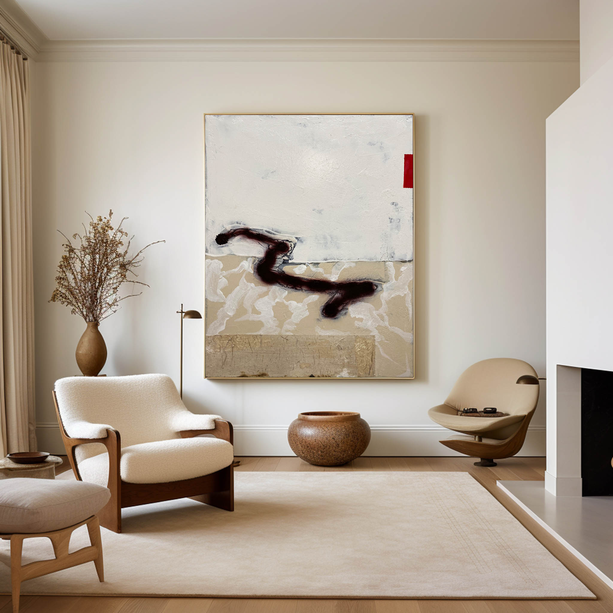Abstract Beige Black Red Brush Stroke Oil Painting