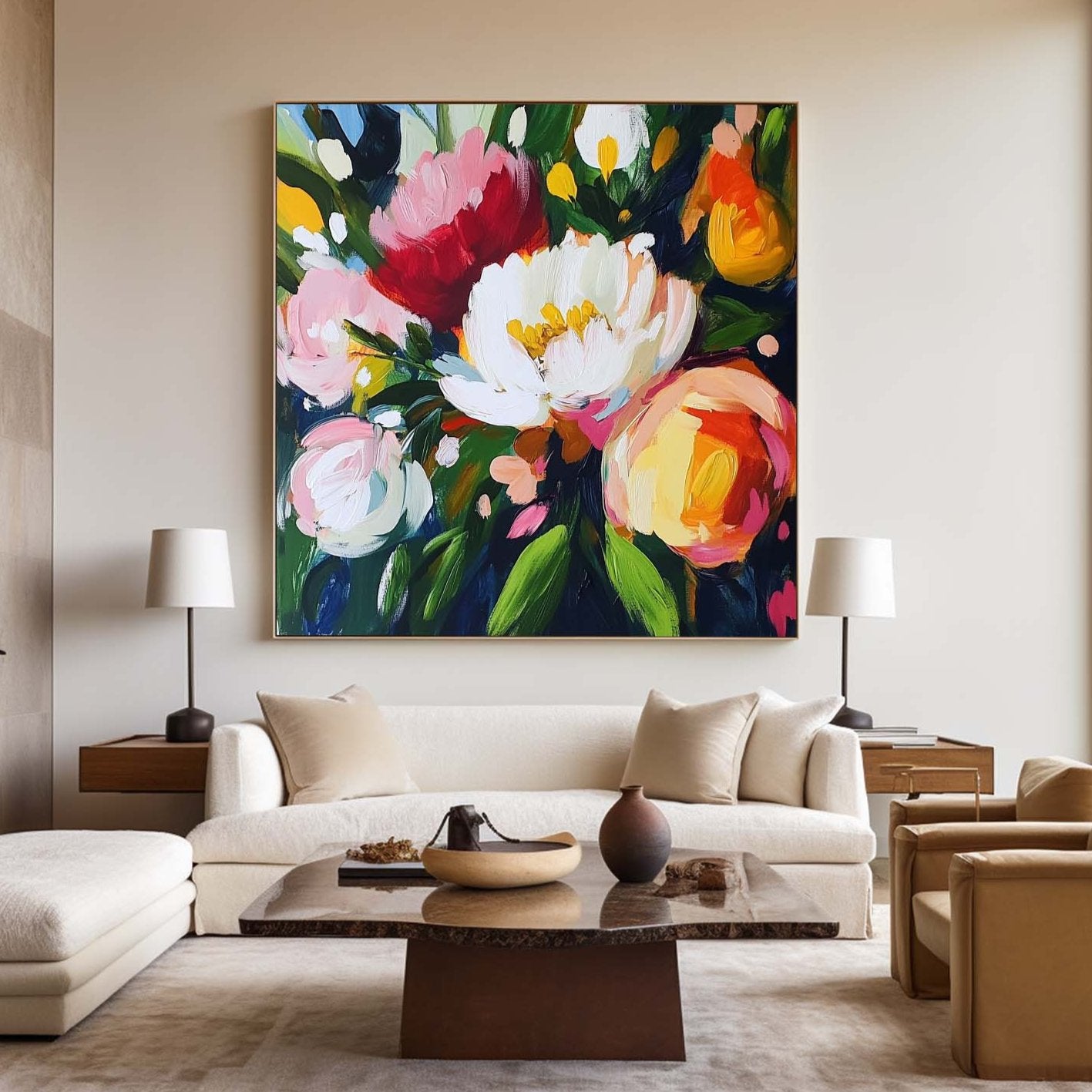Lush Peony Bouquet Floral Vivid Pigment Thick Impasto Layered Textured Artwork