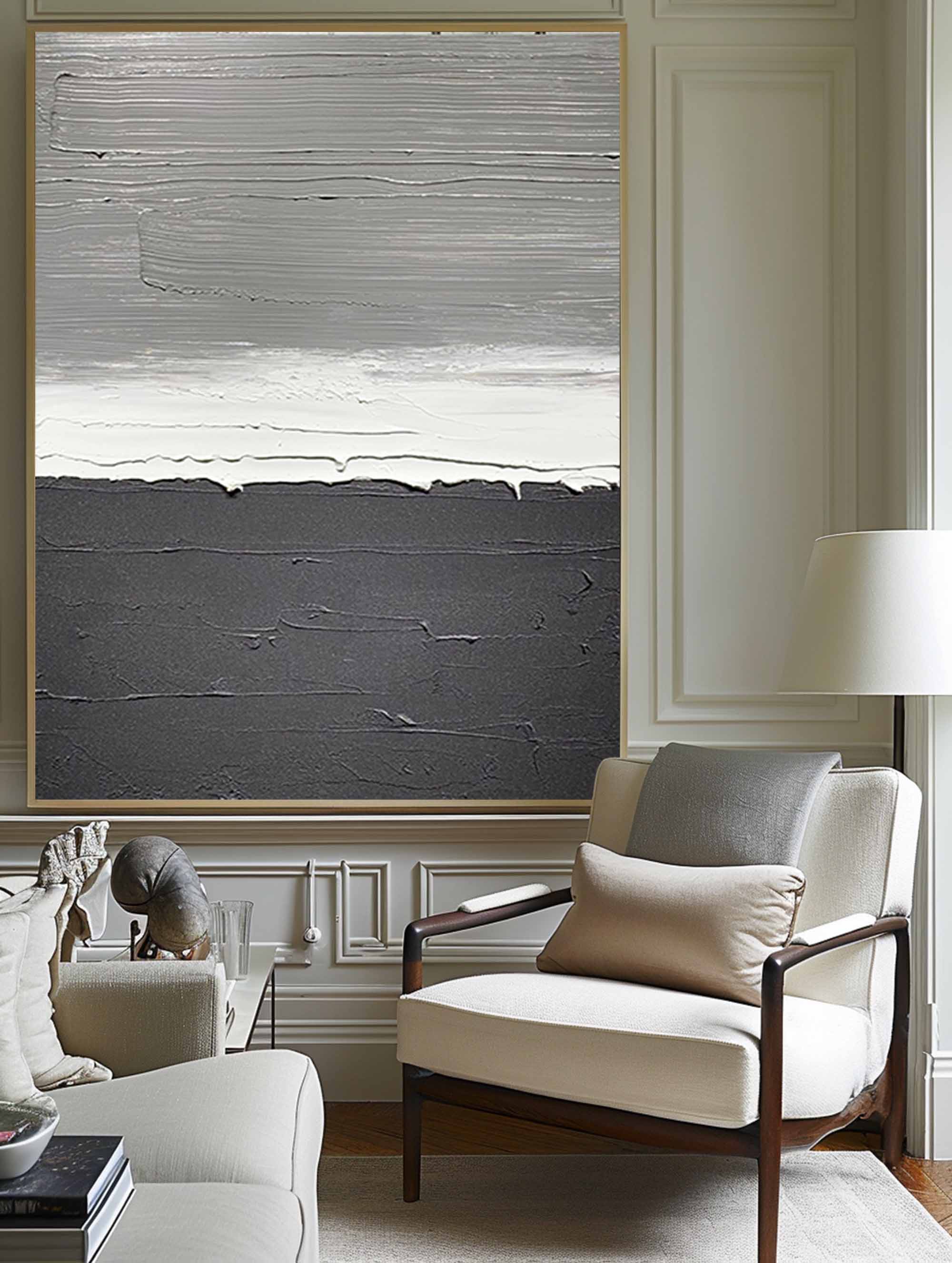 Monochrome Gray Black Horizon Abstract Oil Acrylic Linen Canvas Painting