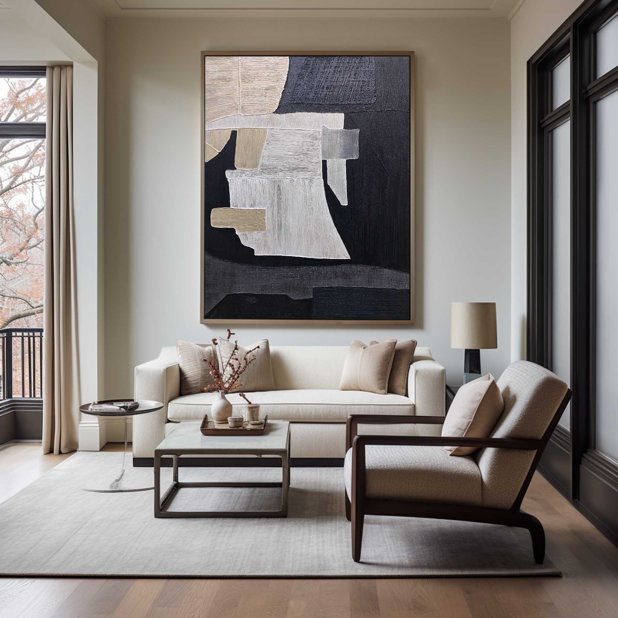 Black‑Beige‑Cream Vertical Patch‑Collage Impasto‑Textured Artwork