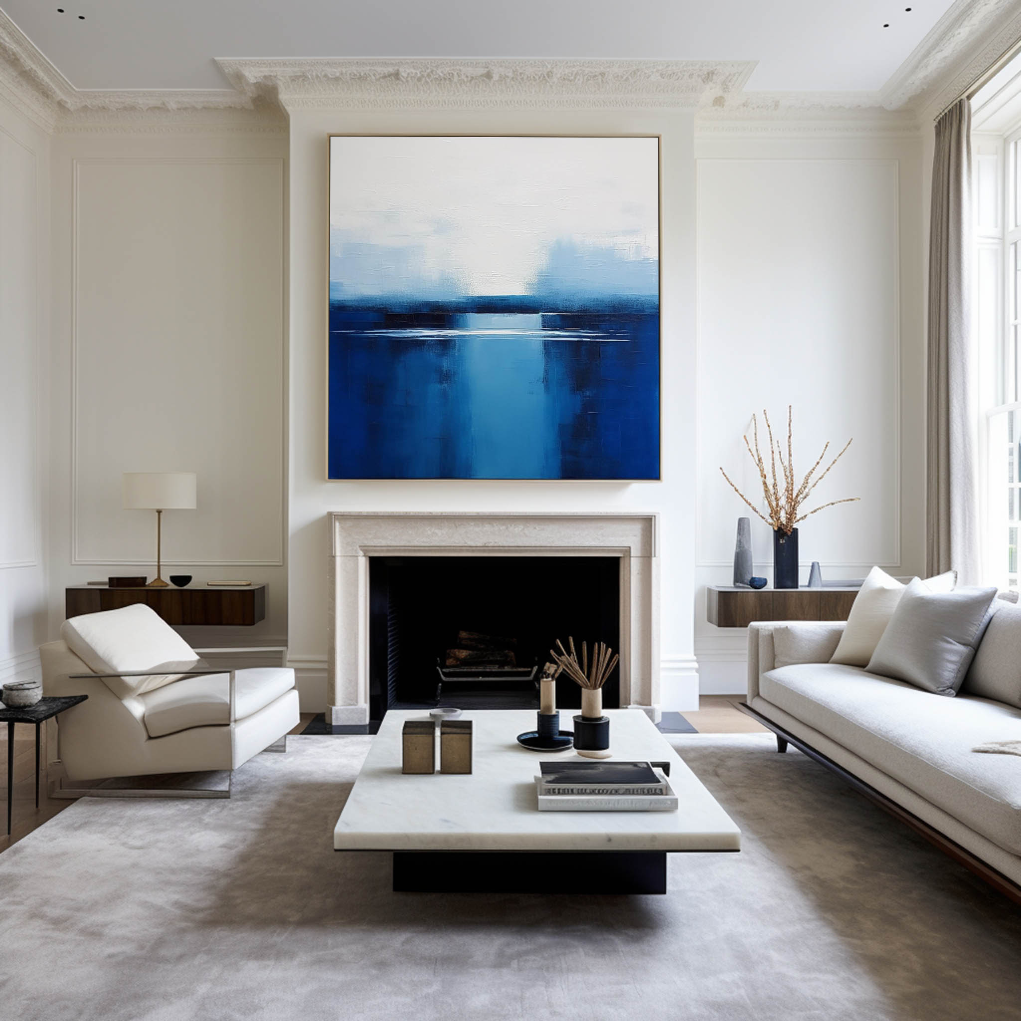 Blue Ink Wash Lakeside Horizon Canvas Art