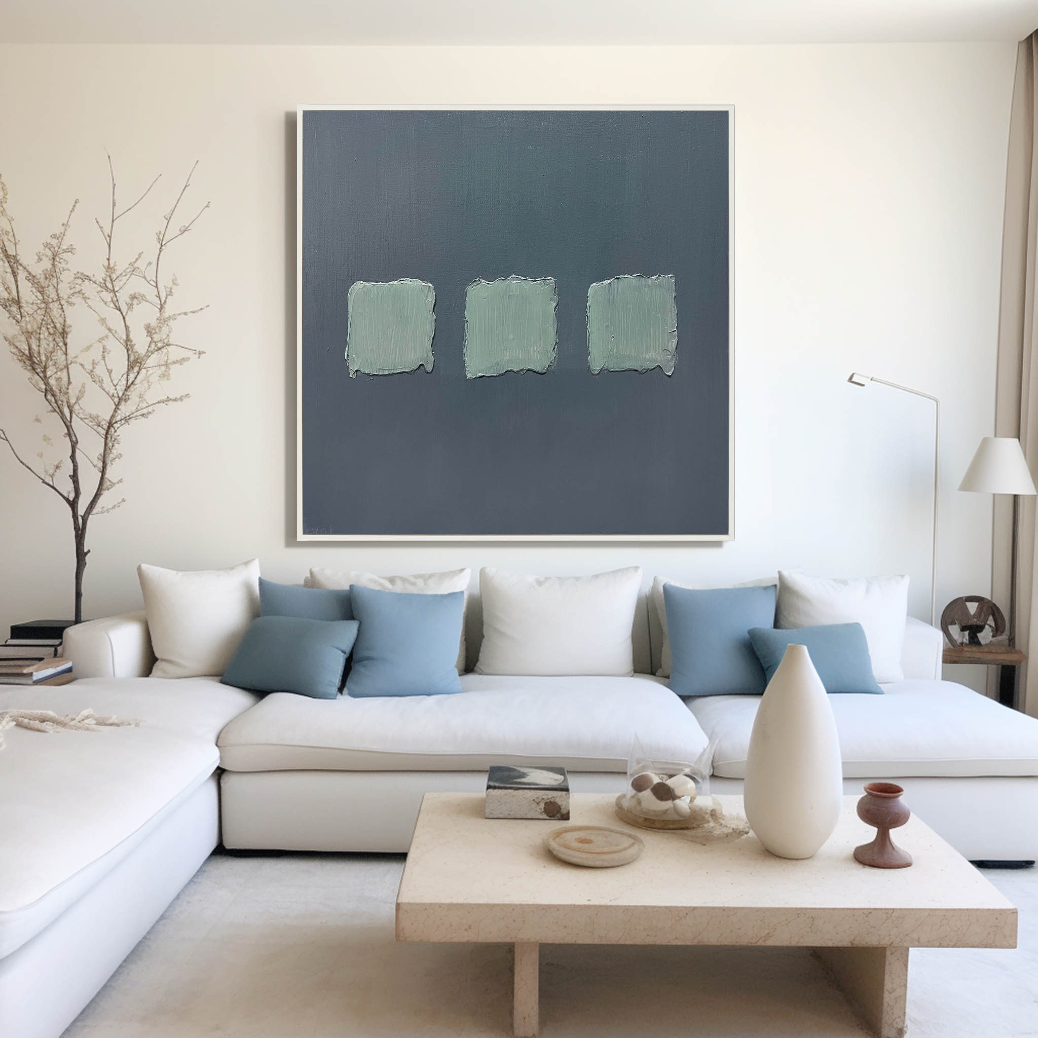 Wall Art Sage Green Textured Squares on Grey Abstract Minimalist Texture Bedroom | Neutralighting