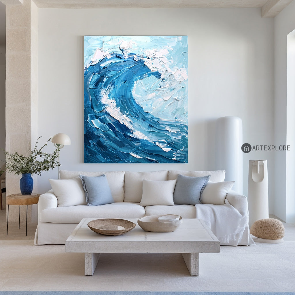 Crashing Ocean Surf Abstract Blue‑Tone Heavy Impasto Raised‑Texture Artwork