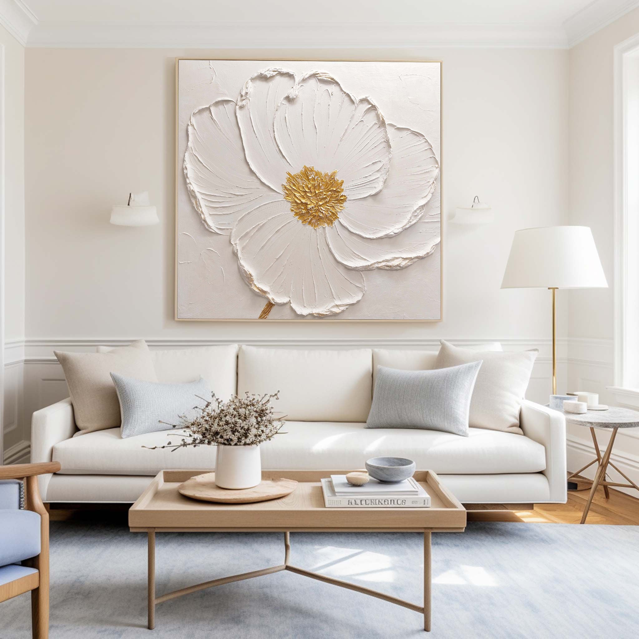 Elegant White Floral Relief Textured Wall Art
