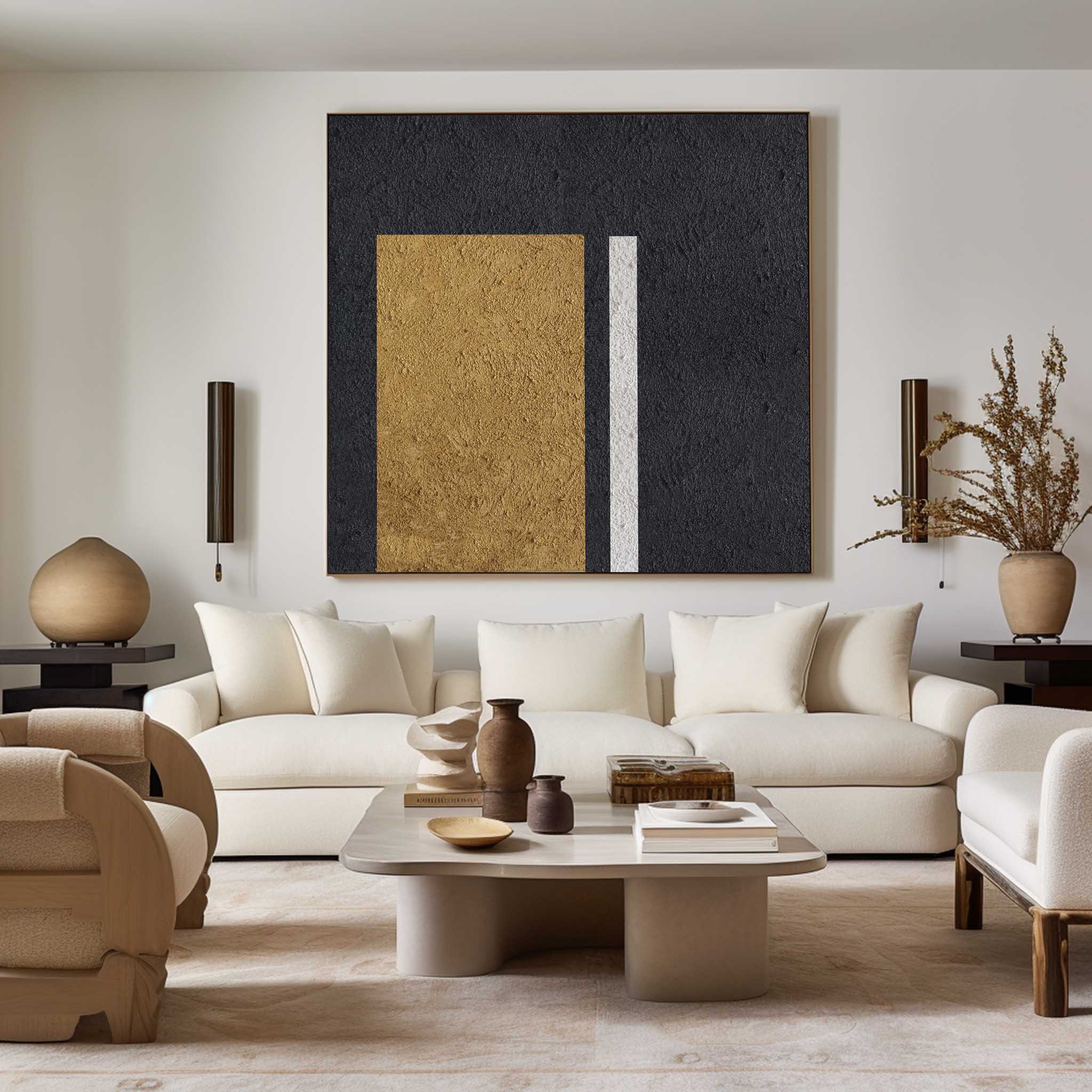 Black‑Gold‑White Square Stacked‑Rectangle Block Coarse‑Textured Artwork
