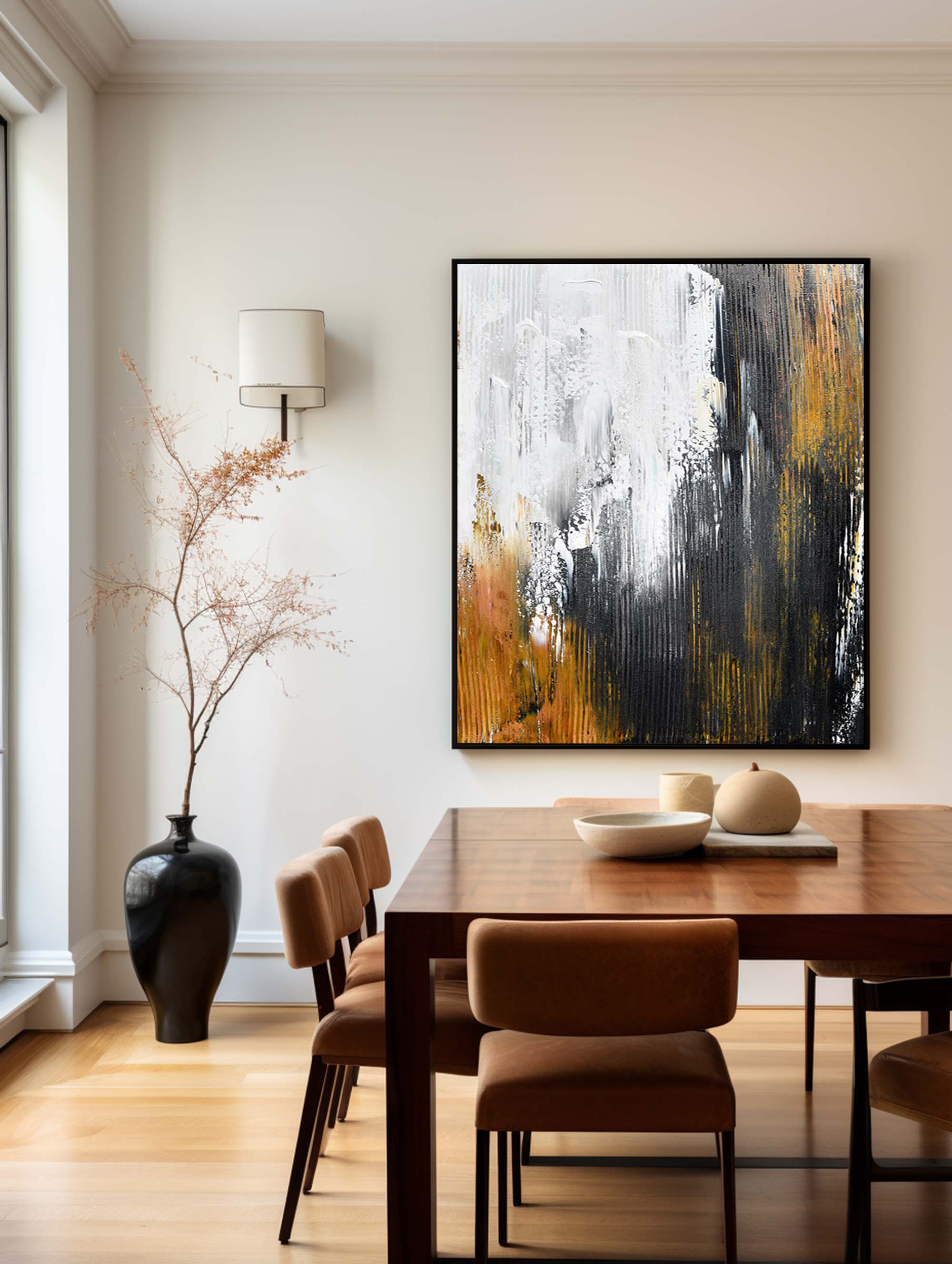 Large Contemporary Abstract Black Gold White Textured Vertical Oil Painting on Linen Canvas