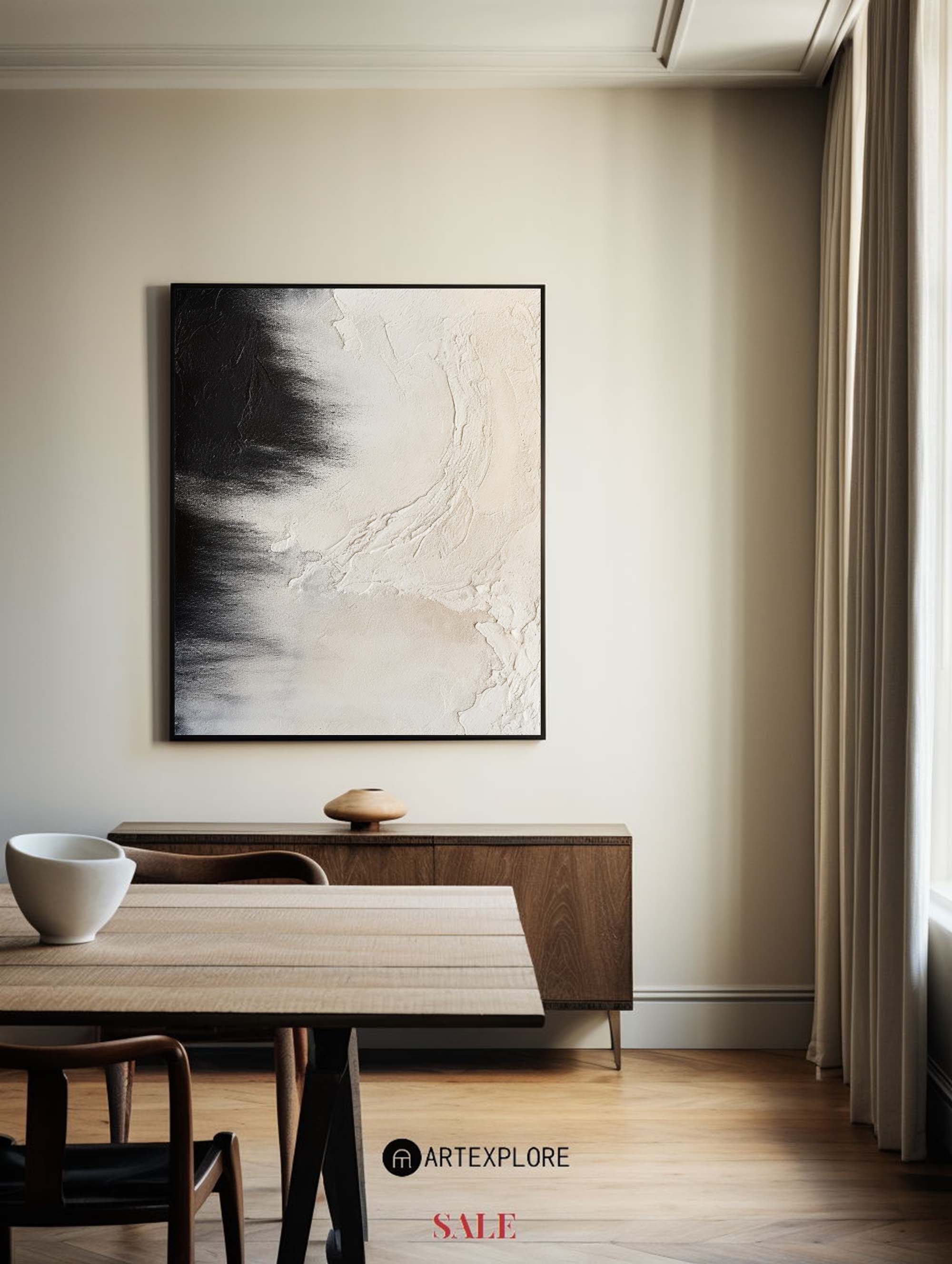 Black Beige Impasto Abstract Canvas Art