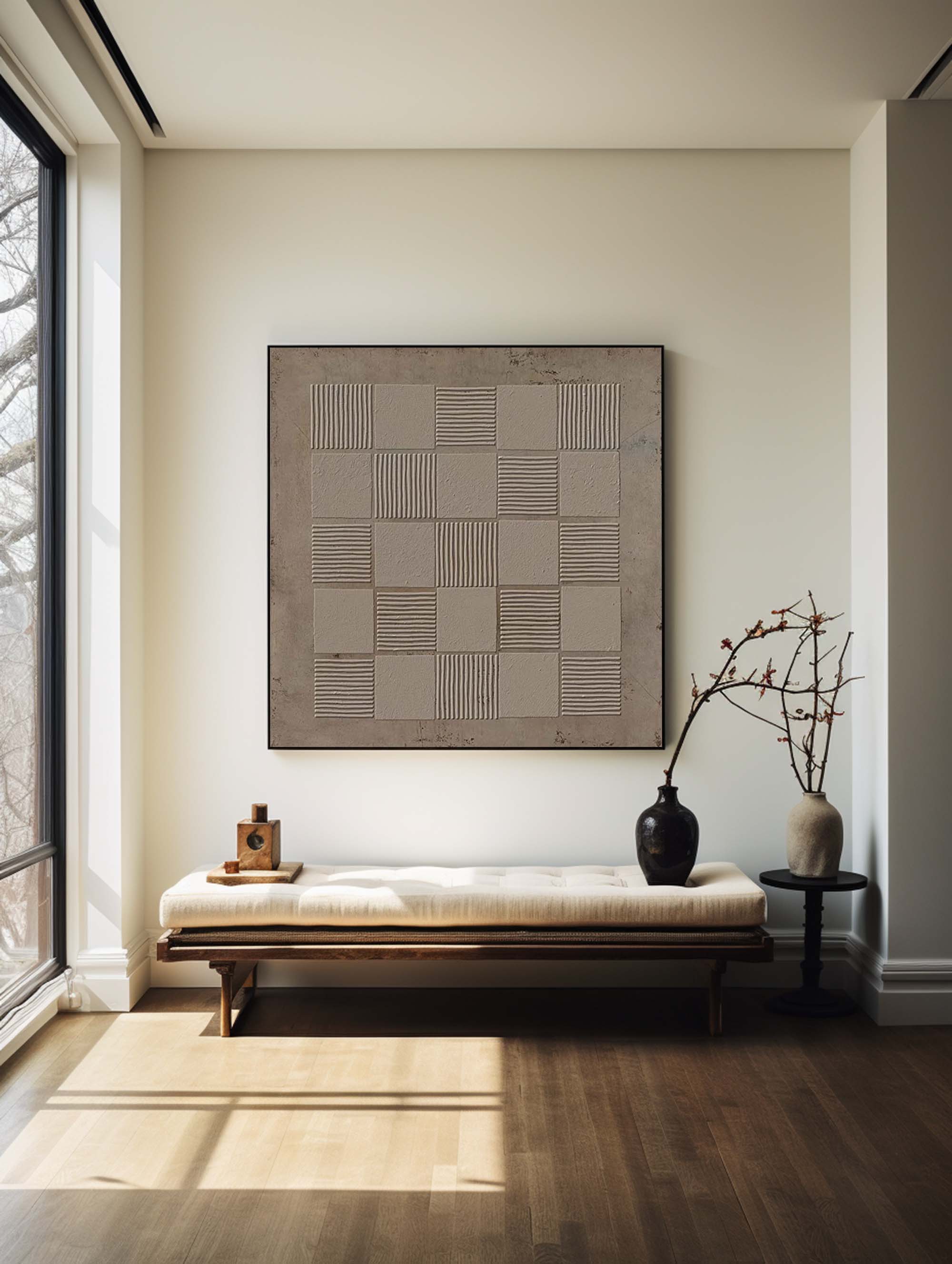 Beige‑Taupe Square Grid‑Line Raised‑Textured Artwork