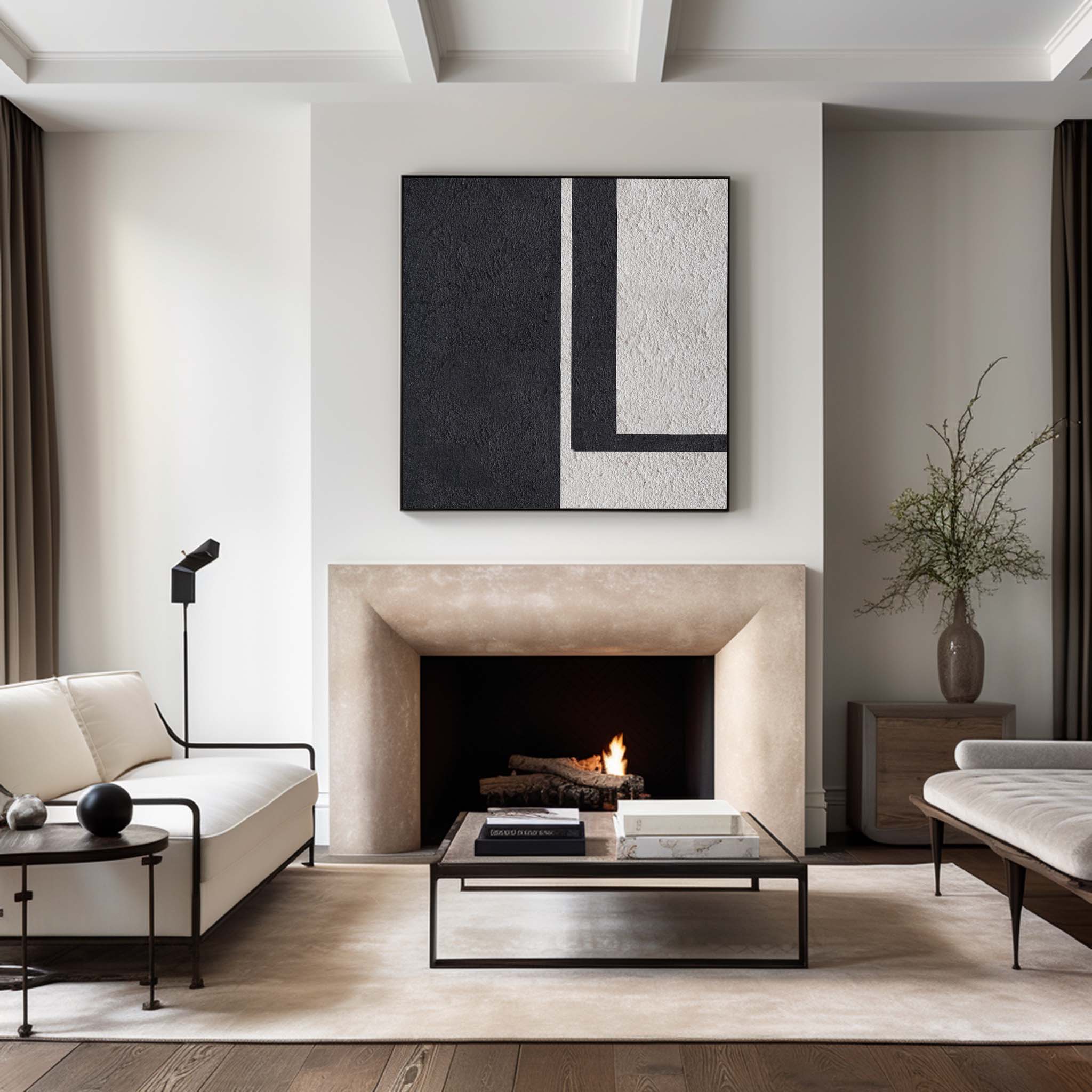 Black‑Off‑White Square Geometric L‑Shape Block Coarse‑Textured Artwork