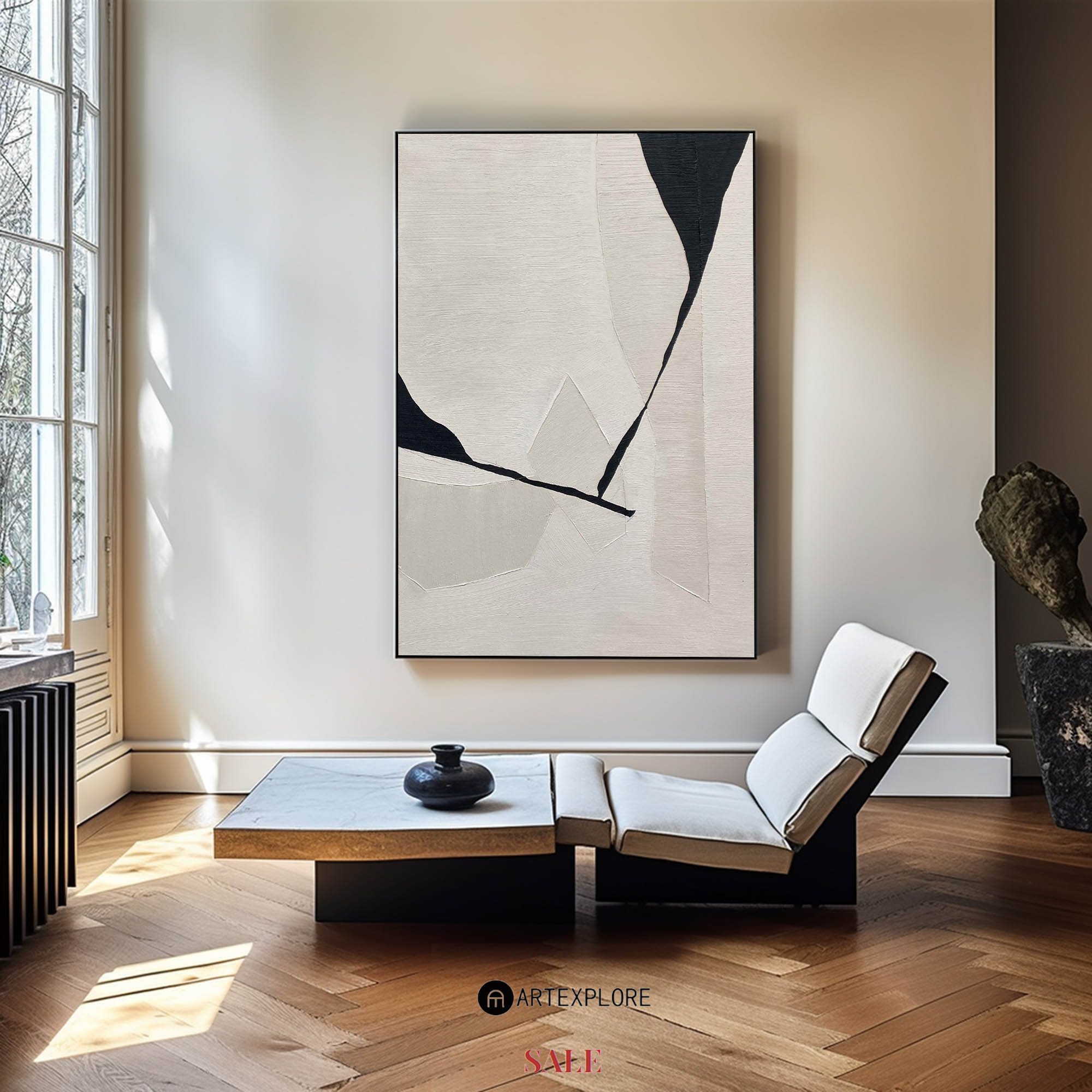 Wall Art Beige Black Geometric Abstract Textured Living Room | Neutralighting