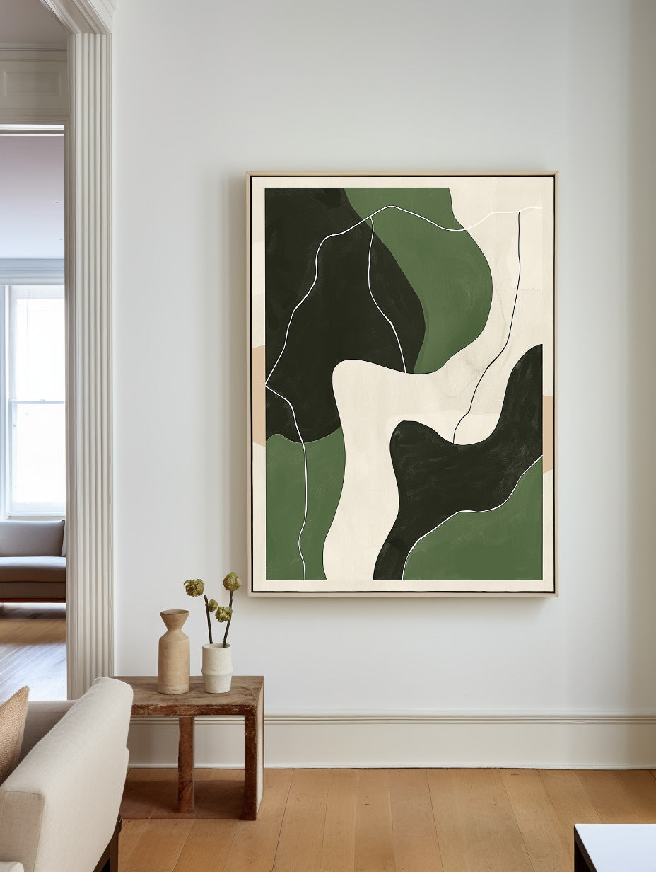 Green‑Beige‑Black Curved Contour Abstract Layered Impasto Textured Artwork