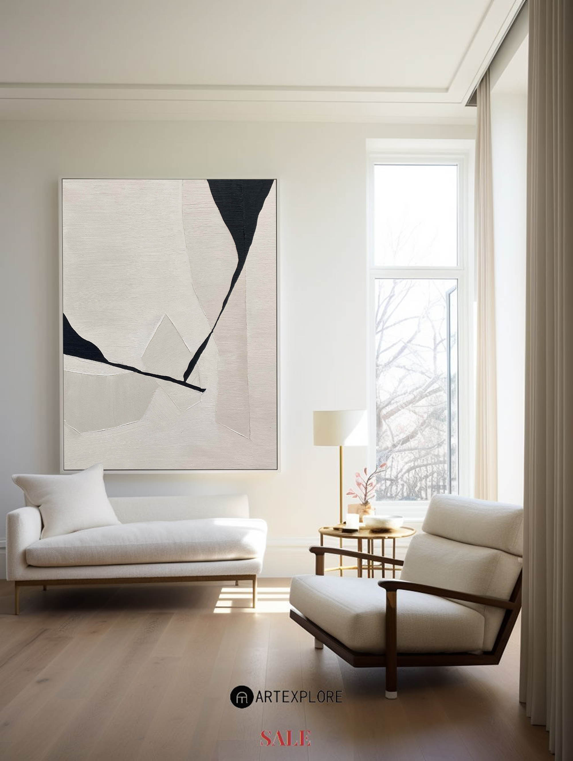 Wall Art Beige Black Geometric Abstract Textured Living Room | Neutralighting