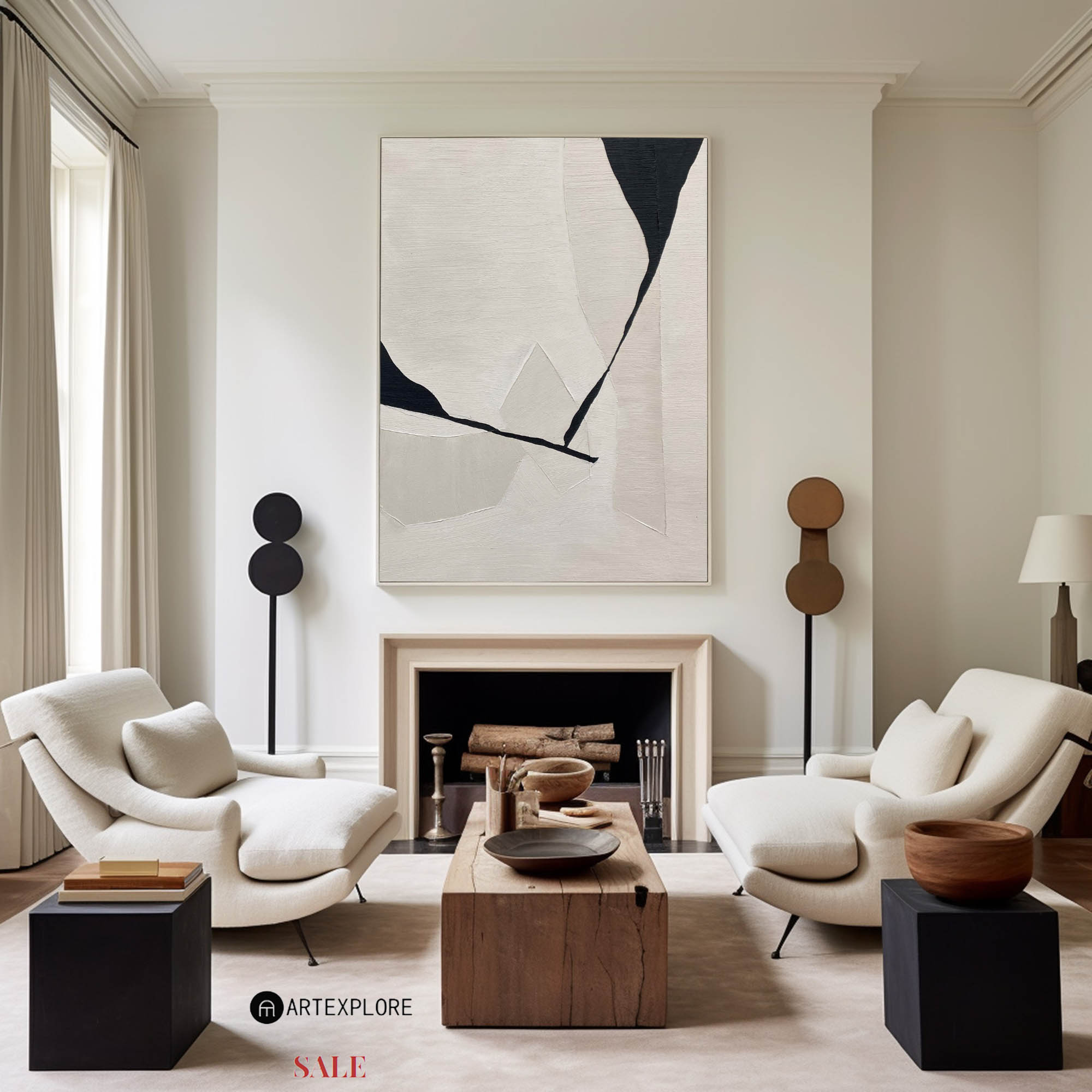 Wall Art Beige Black Geometric Abstract Textured Living Room | Neutralighting