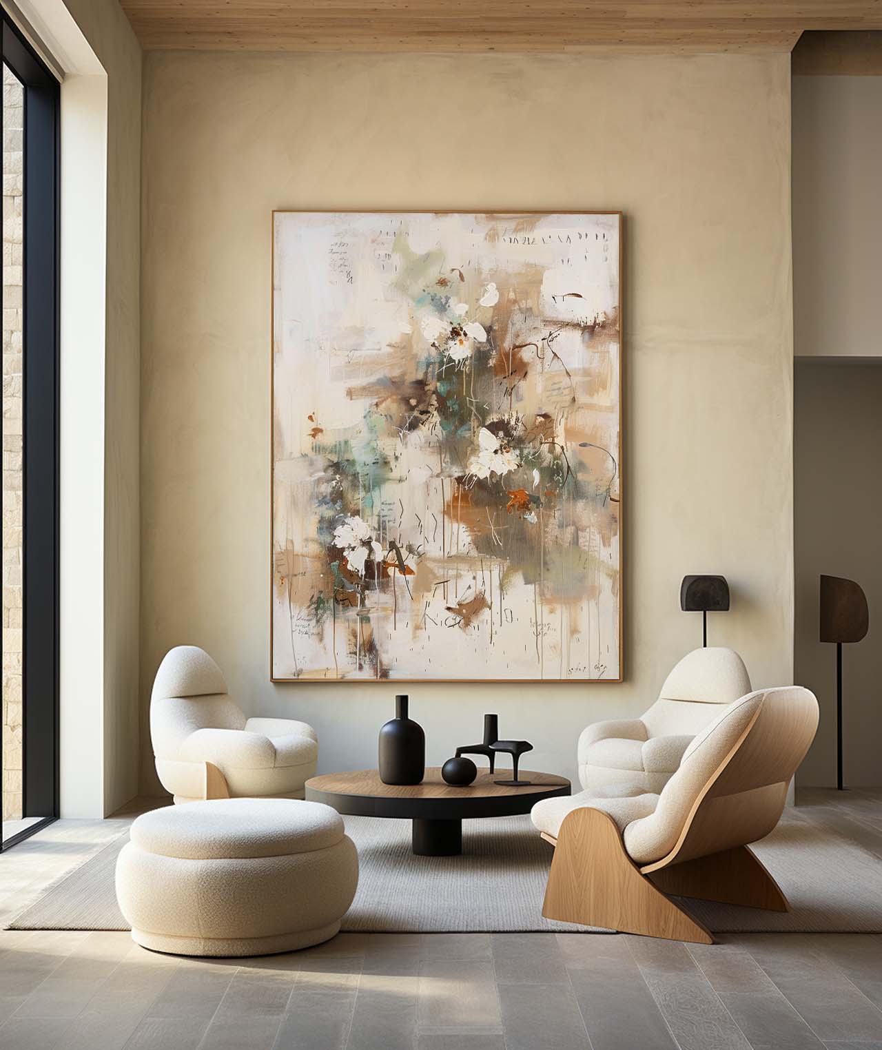 Wall Art Beige Floral Abstract Textured Canvas Living Room | Neutralighting