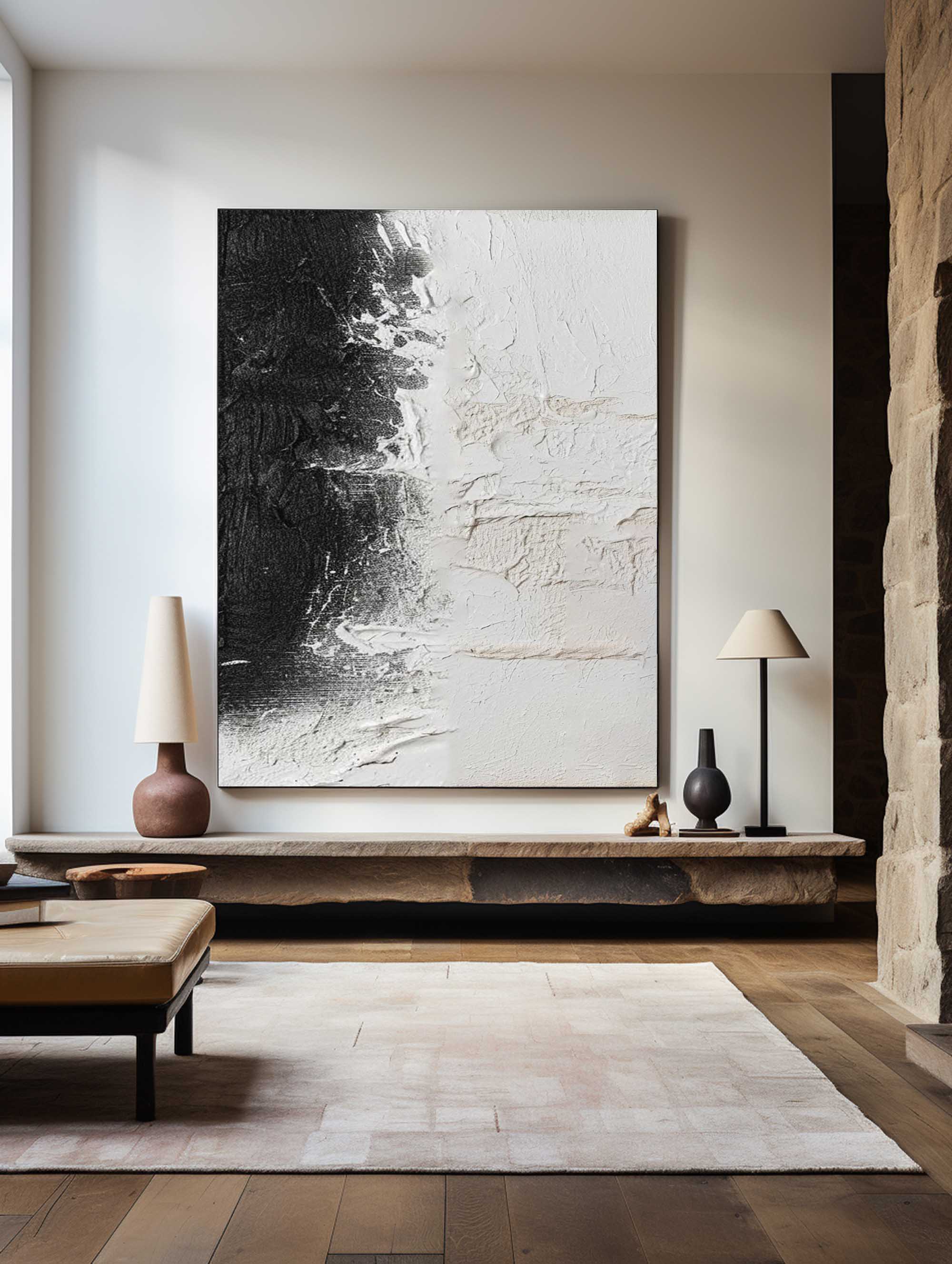 Monochrome Black‑White Contrast Abstract Heavy Impasto Tactile‑Texture Artwork