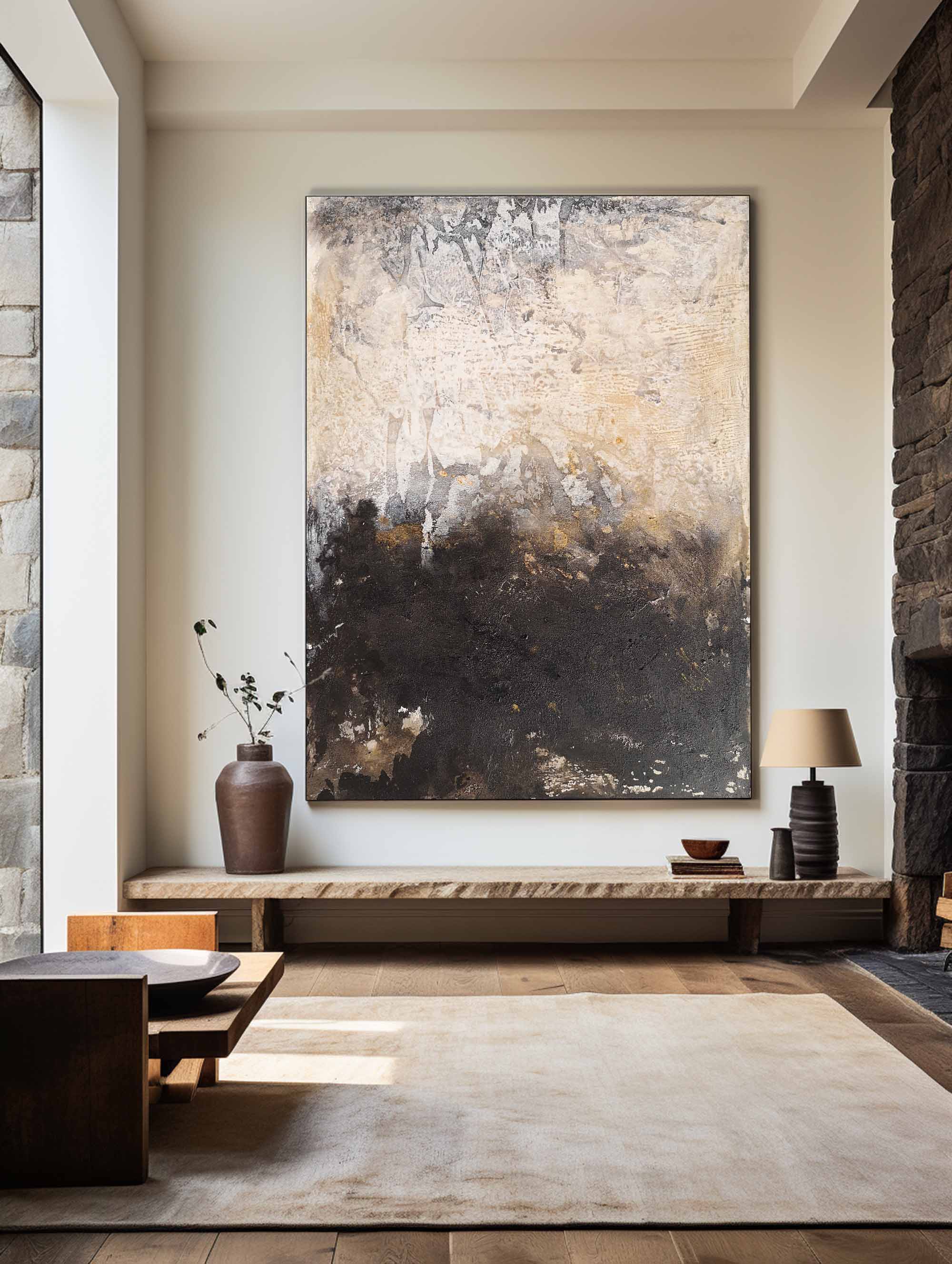 Beige‑Black Vertical Two‑Tone Earth‑Impasto Textured Artwork