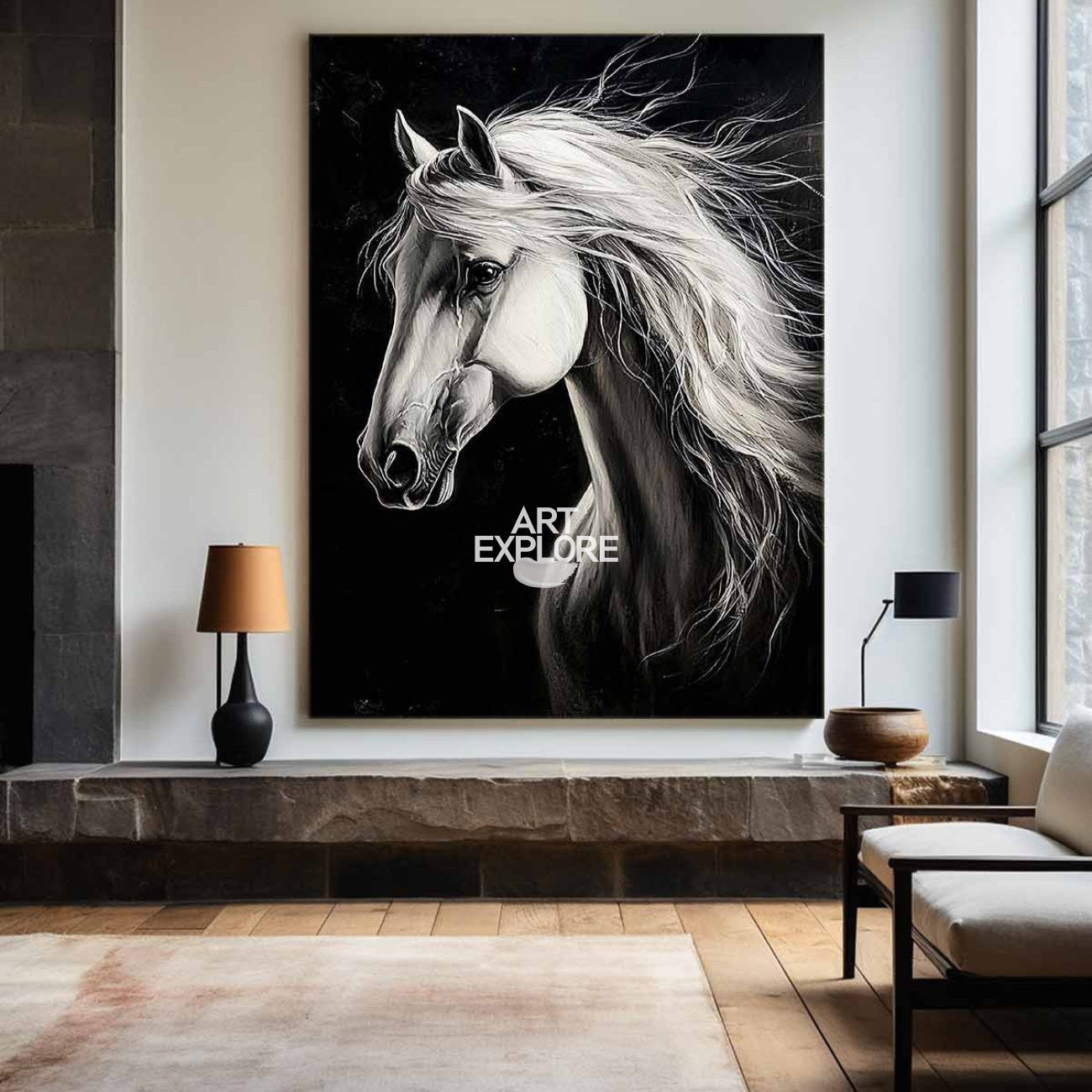 Black Background White Horse Canvas Art