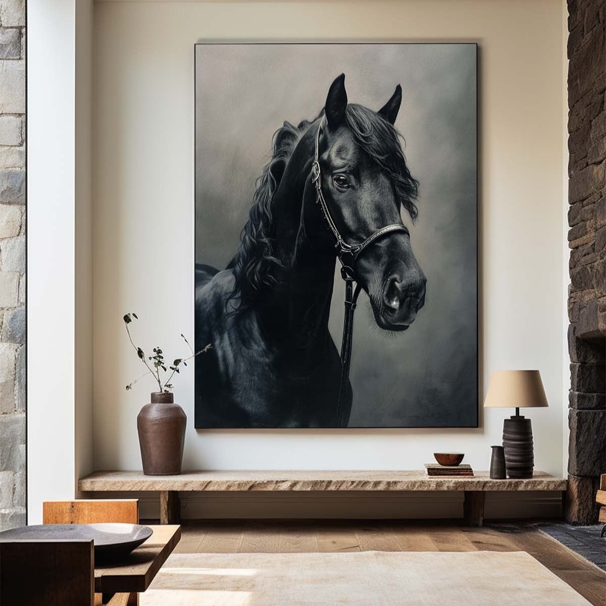 Lifelike Black Horse Portrait Dark‑Tone Realistic Detailed Textured Artwork