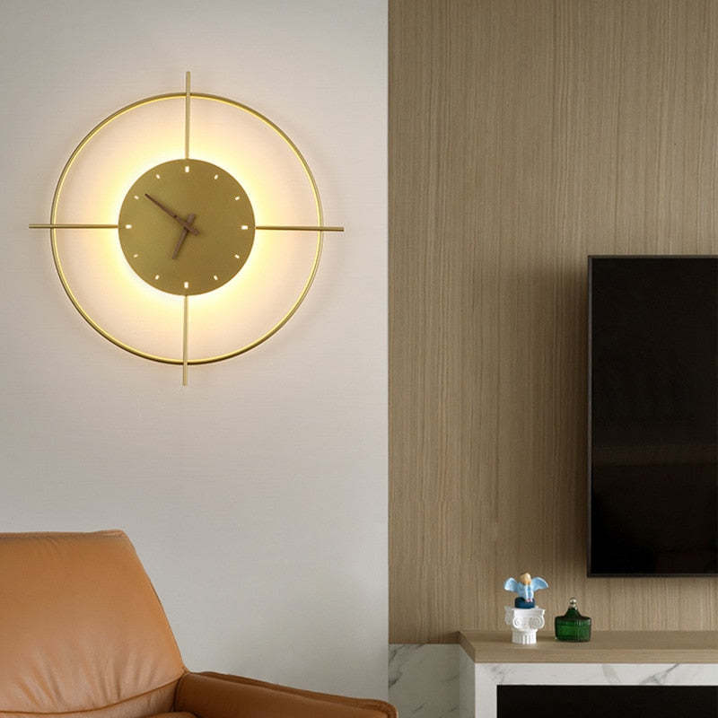 Glint Modern Clock Round Wall Lamp, Gold/Black