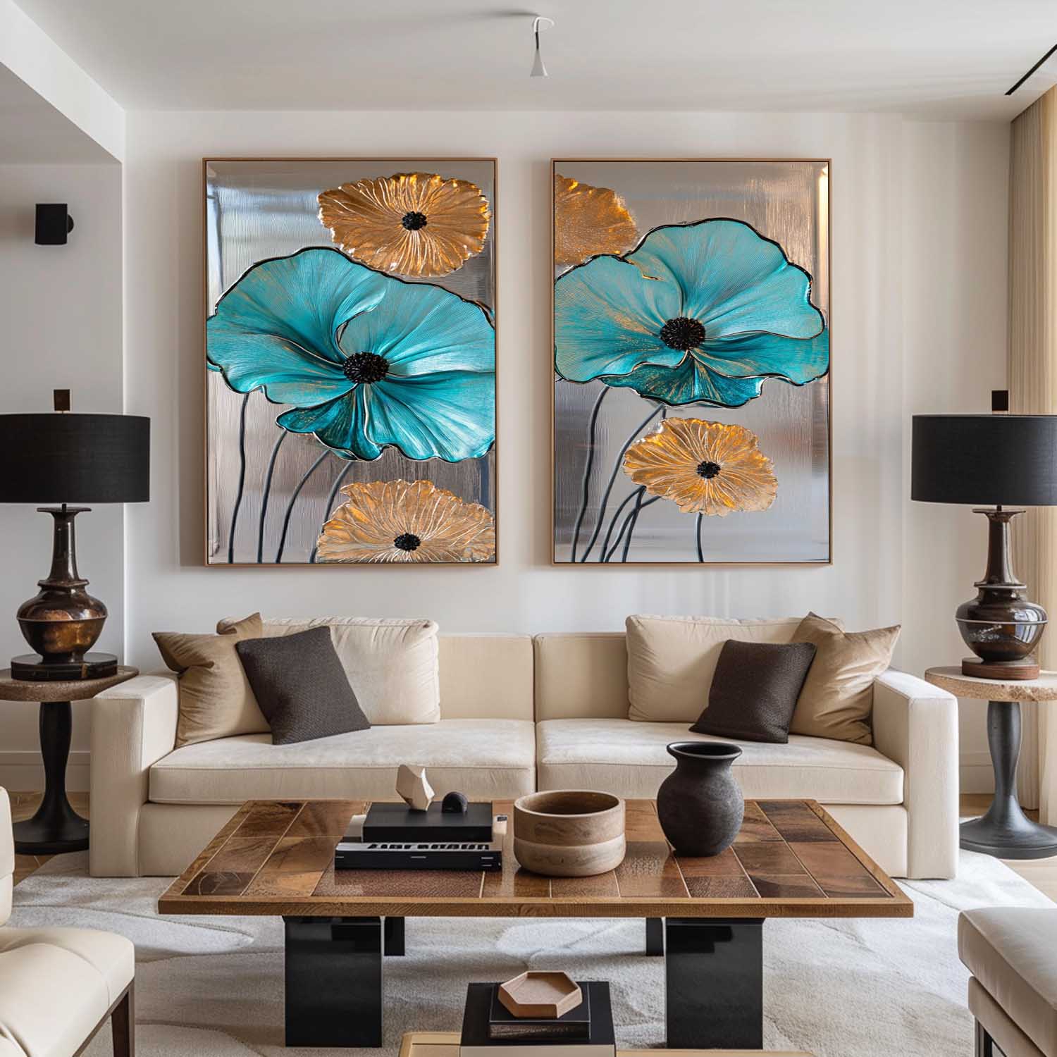 Teal and Gold Floral Canvas Wall Art Set