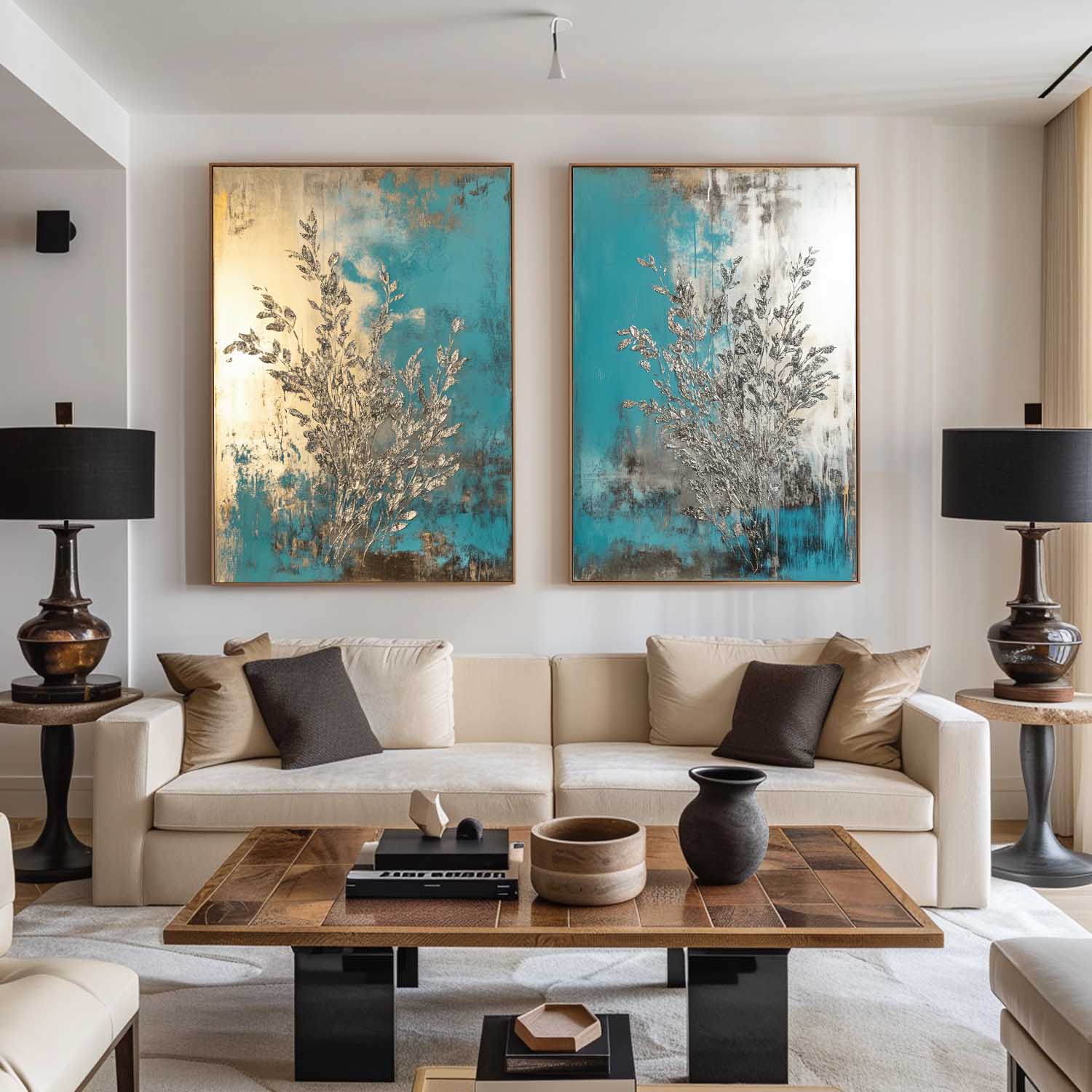 Teal Gold Abstract Diptych Textured Painting