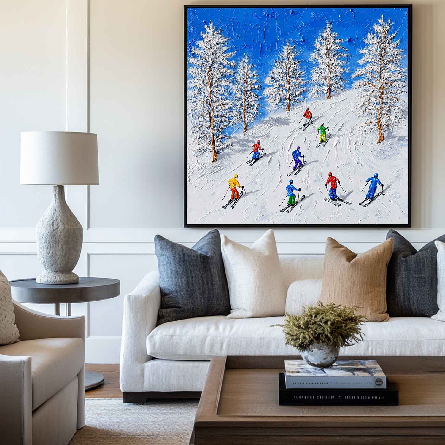 Colorful Skiing Mountain Scene Canvas Wall Art
