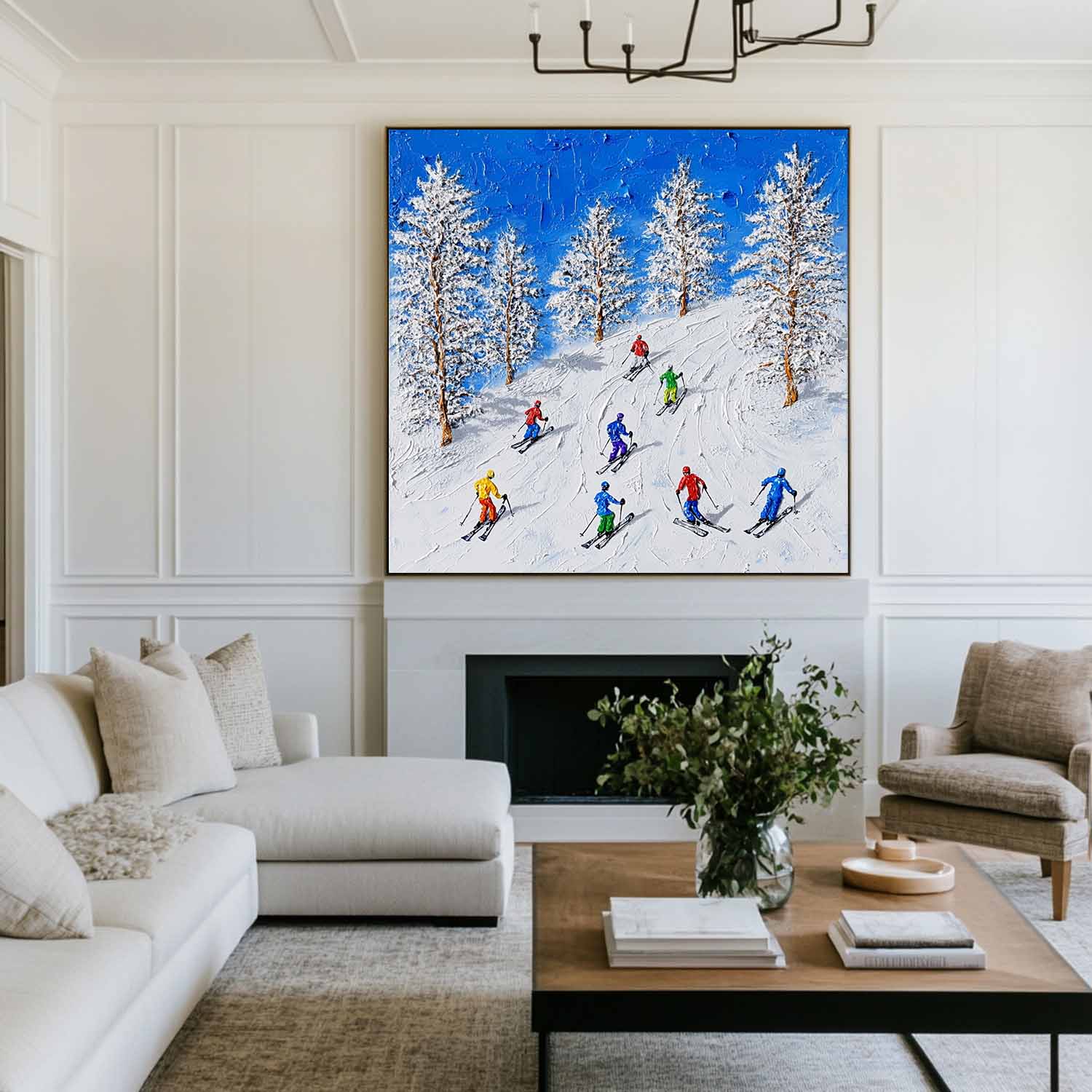 Colorful Skiing Mountain Scene Canvas Wall Art