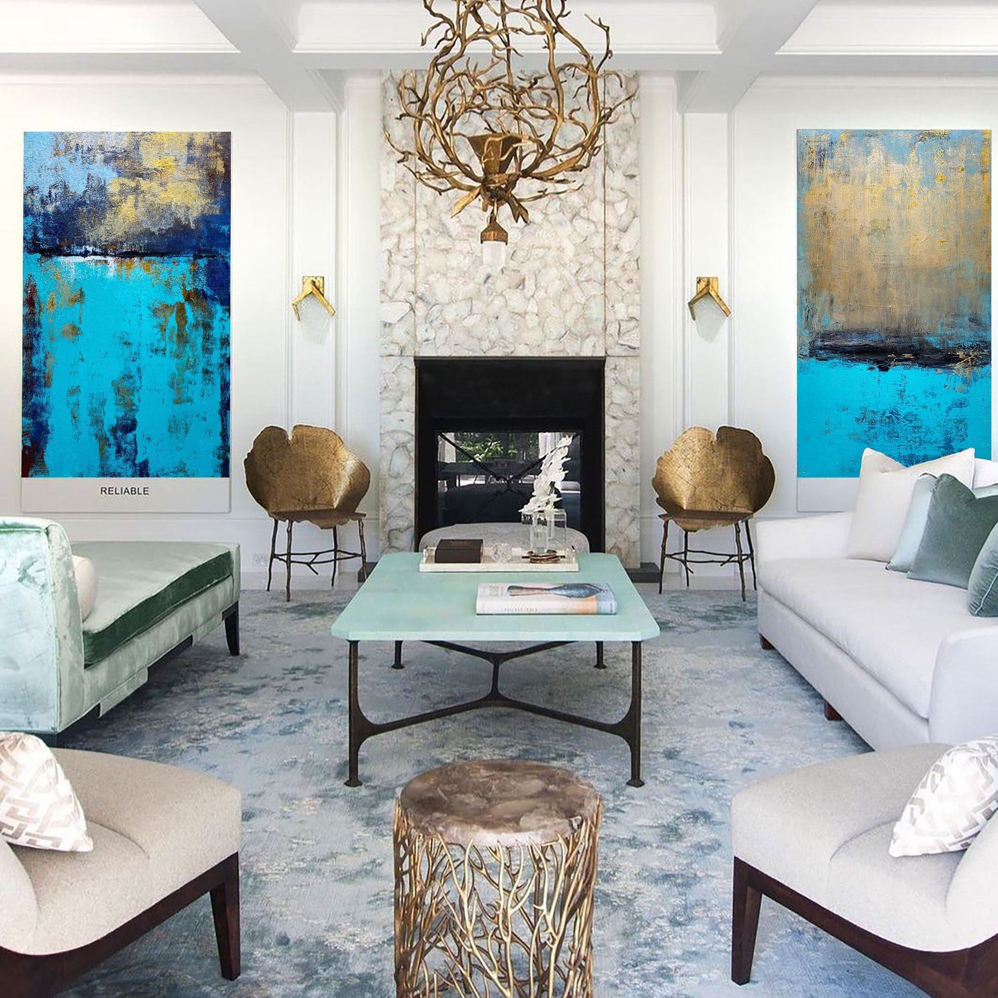 Turquoise‑Gold‑Navy Vertical 2‑Panel Impasto‑Textured Artwork