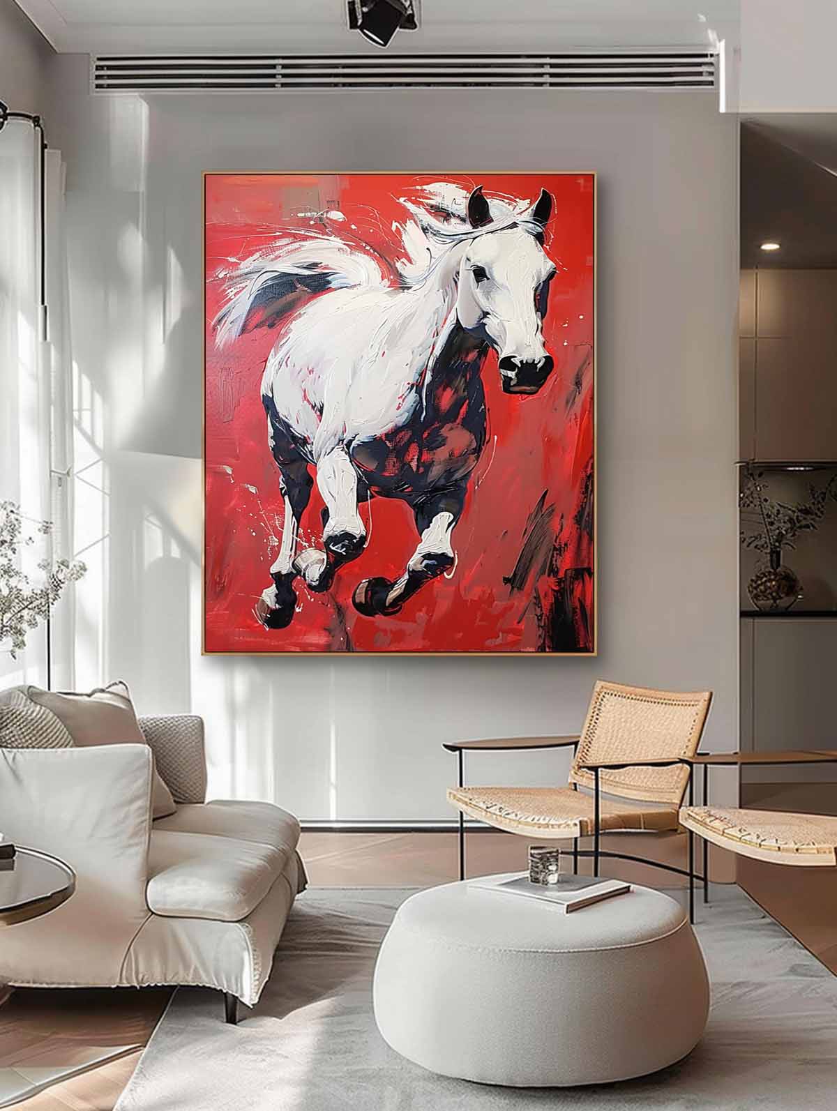 Dynamic White Horse Oil Painting Fiery Red