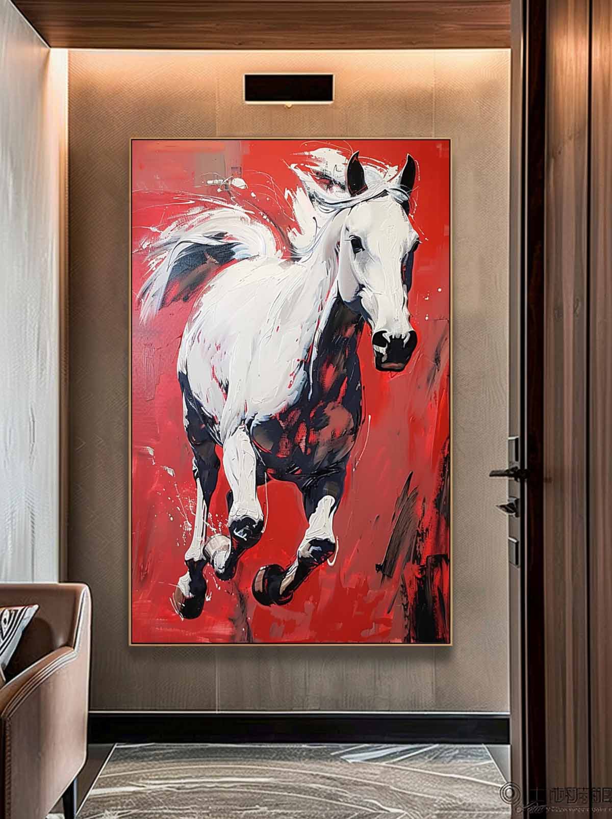 Dynamic White Horse Oil Painting Fiery Red