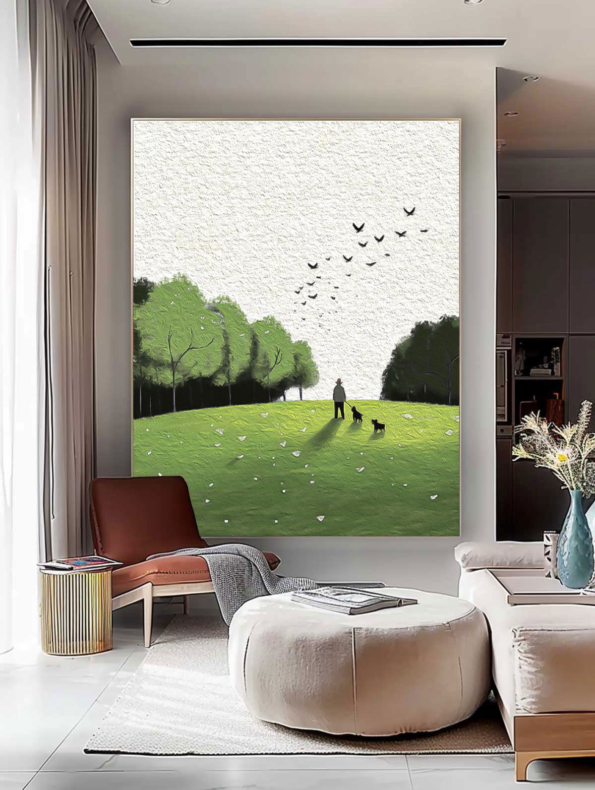 Serene Walk In The Park Textured Art Man Dogs