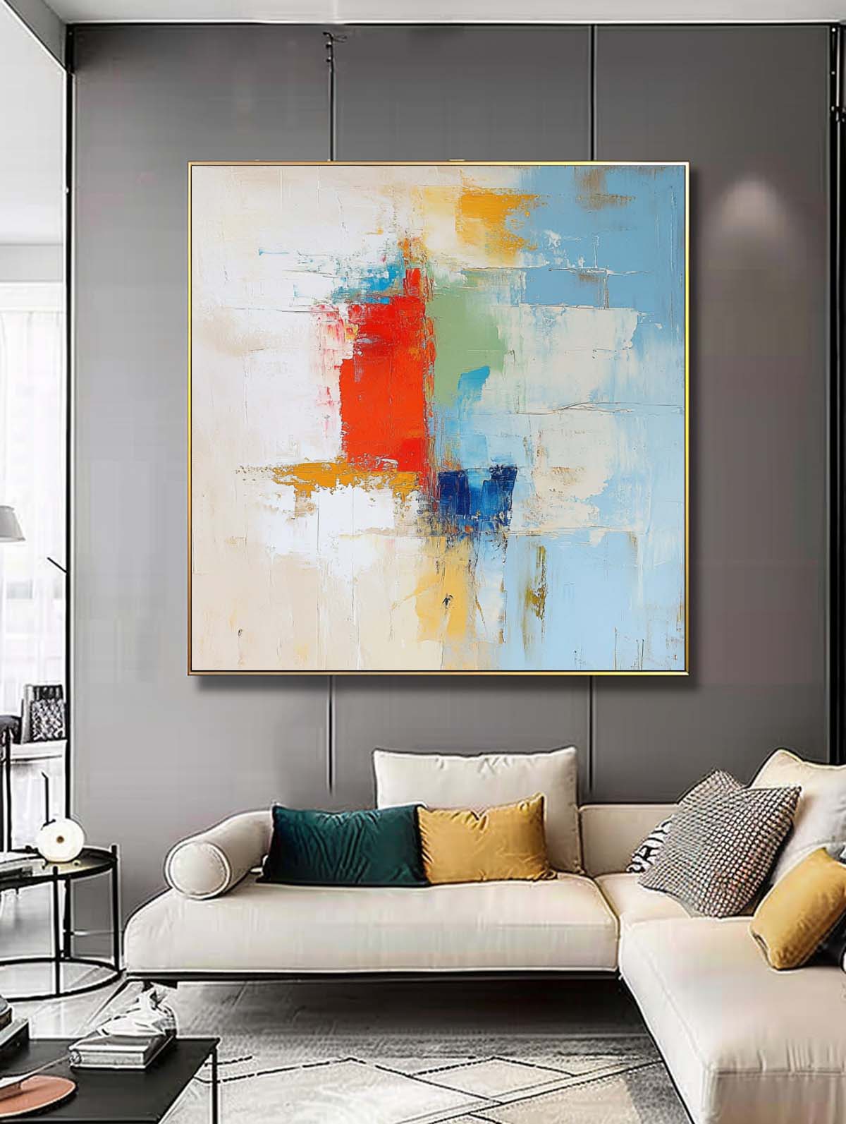 Soft Abstract Color Block Oil Painting Red Blue