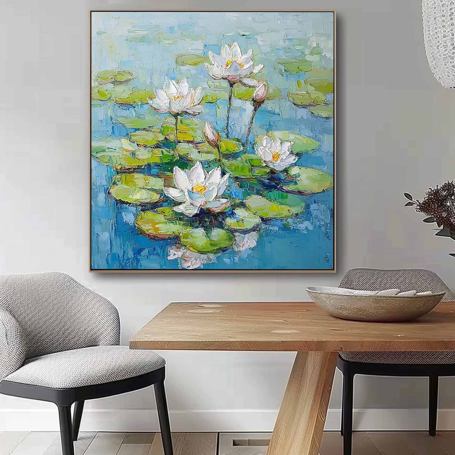 Impasto Water Lily Painting Serene Blue & Green