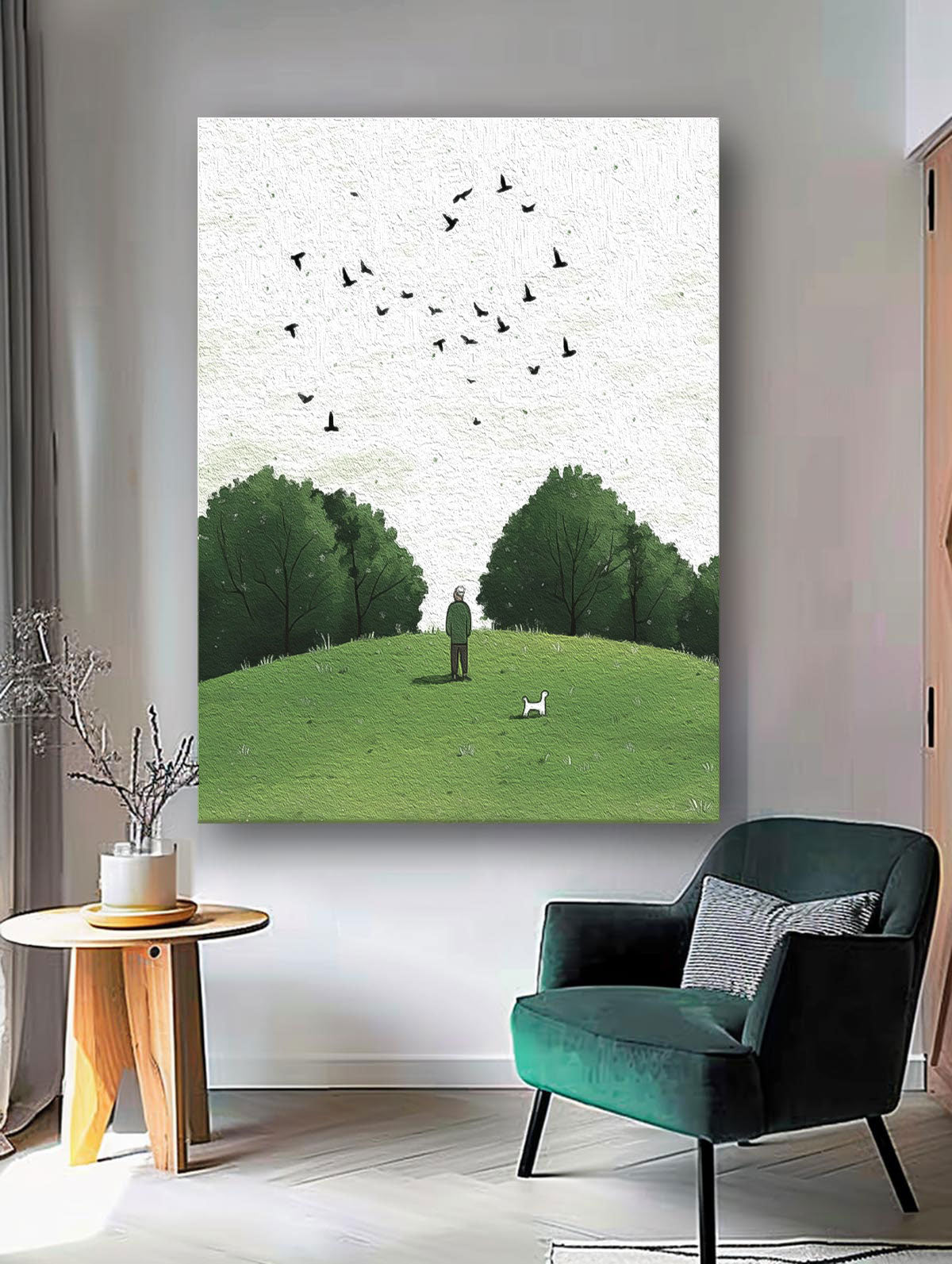 Tranquil Hilltop Moment Textured Art Print Man With Dog